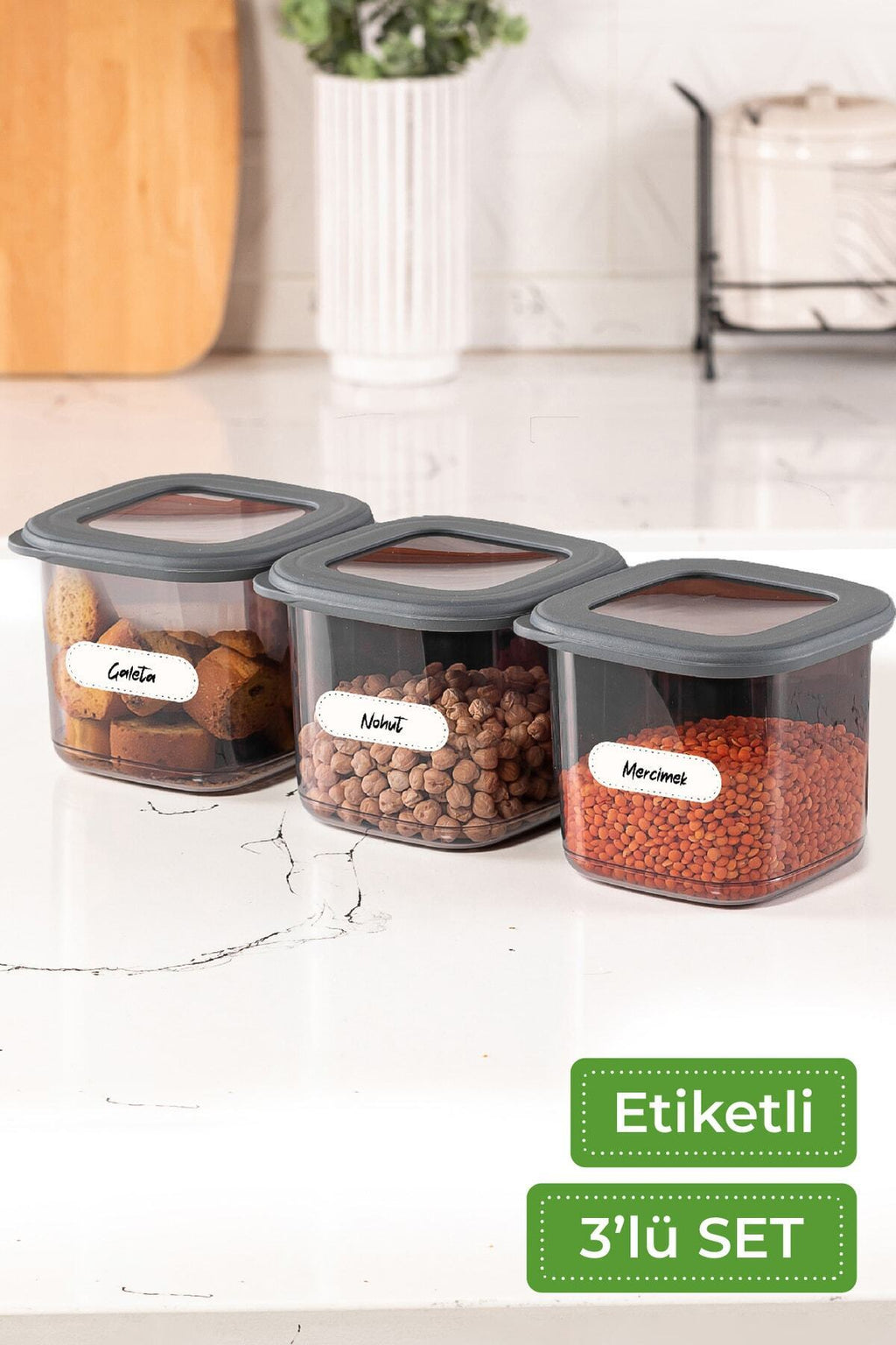 Foly Etiketli Kare Erzak Saklama Kabı 3'lü Set Küçük Boy 3x(0,55 LİTRE)