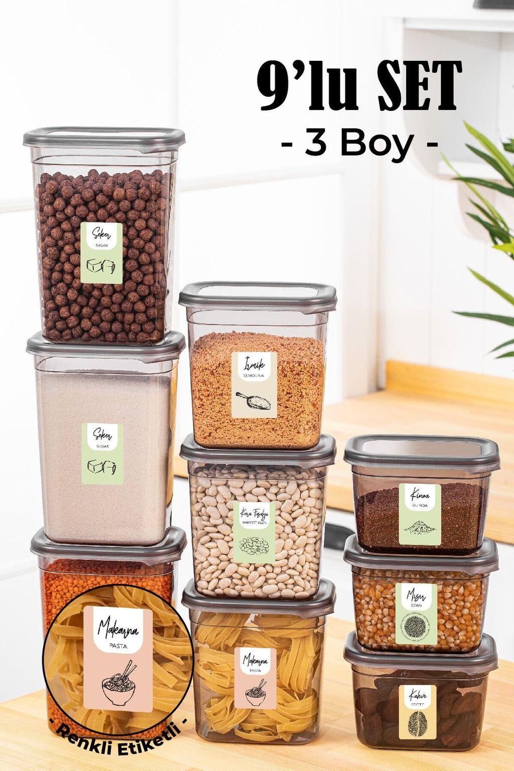 Renkli Etiketli 9lu Peggy Dikdörtgen Saklama Kabı Seti 3x(1500-1150-800 Ml) Antrasit