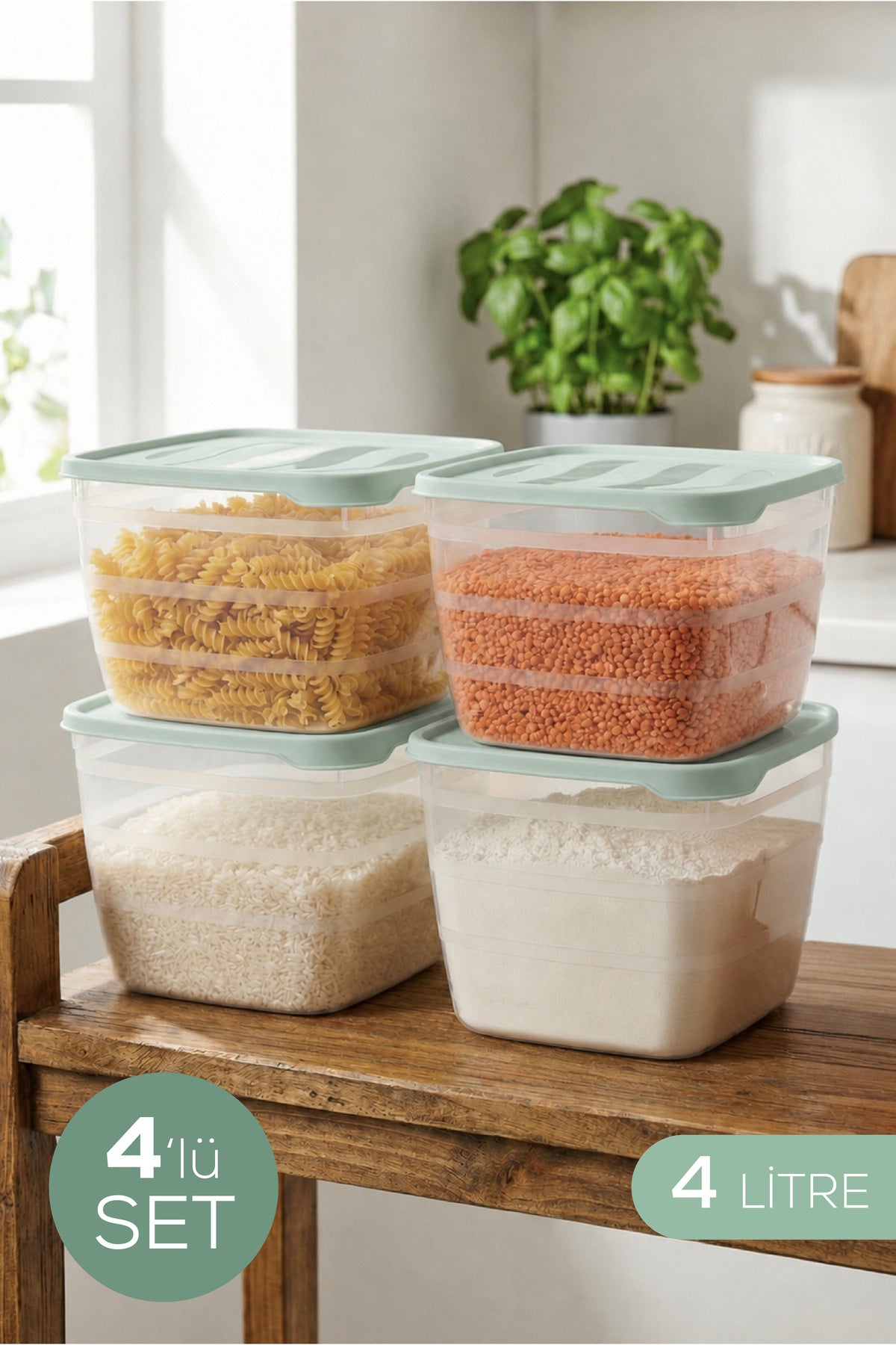 4'lü Set 4 Lt Kare Saklama Kabı Mint Yeşili - Mutfak ve Buzdolabı Düzenleyici