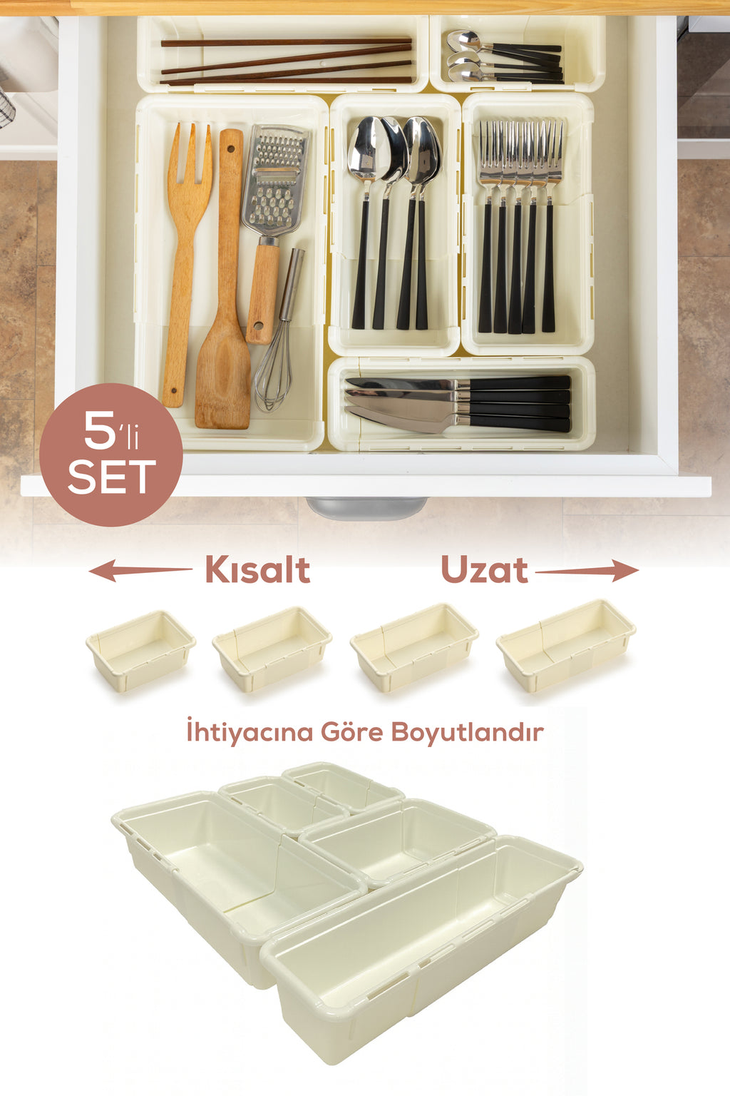 5'li Set Ayarlanabilir Çekmece Içi Düzenleyici Kutu – Uzayıp Kısalabilen Organizer Seti (2A2B1C)