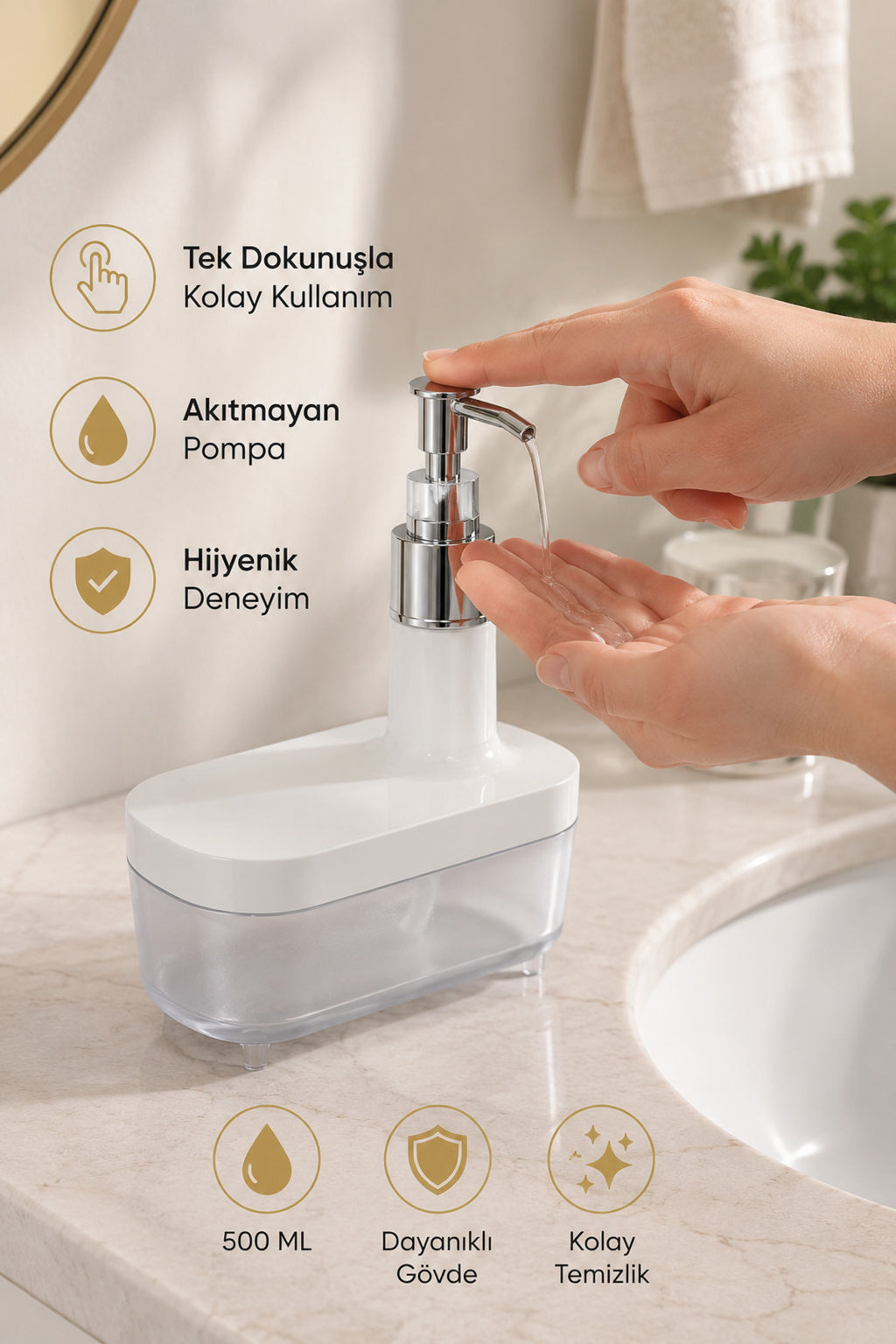 Modern Beyaz Sıvı Sabunluk 500 ml | Şık Banyo ve Mutfak Dispenseri - Yayvan Tasarım