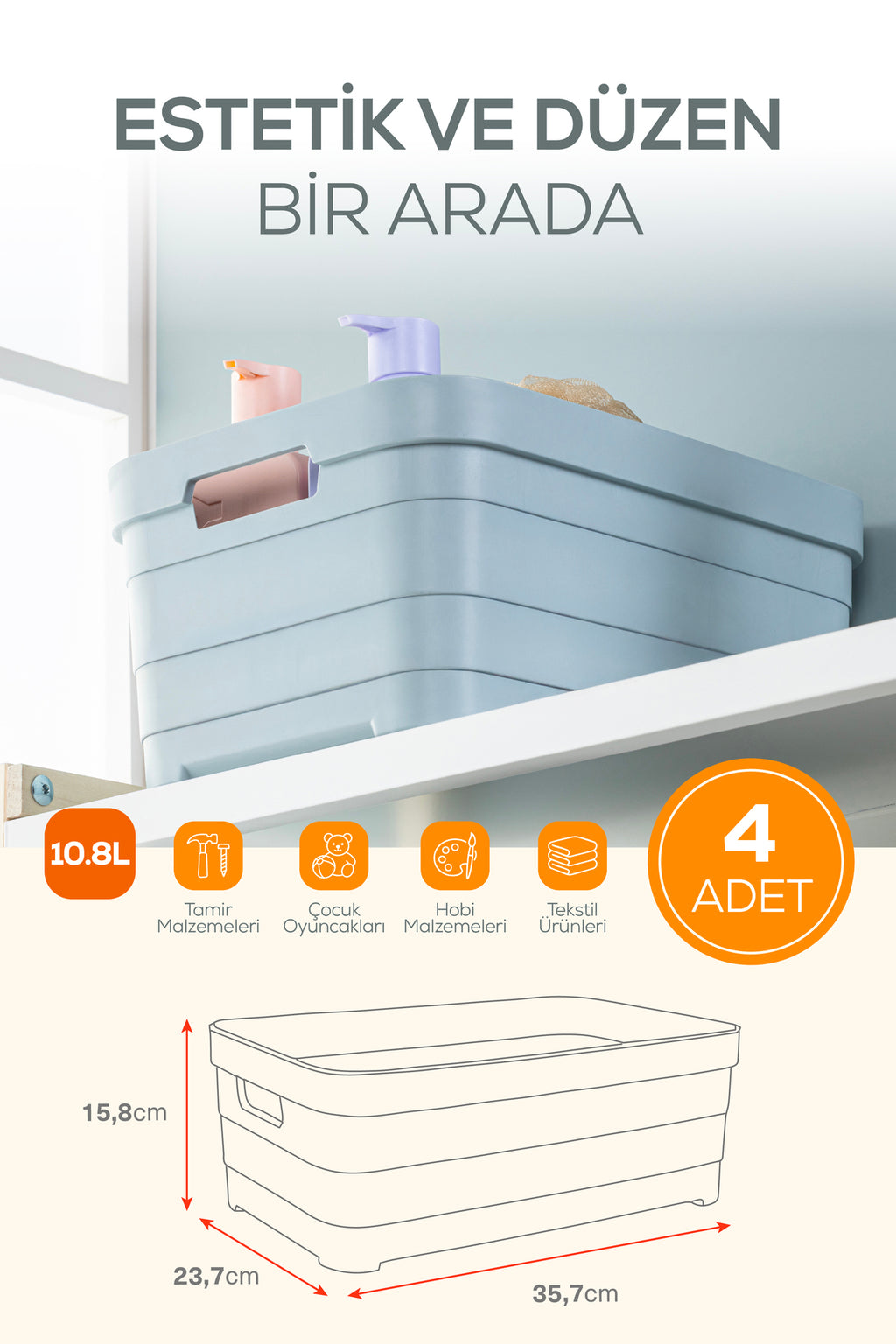 4'lü 10,8 Litre Saklama Kutusu Bej