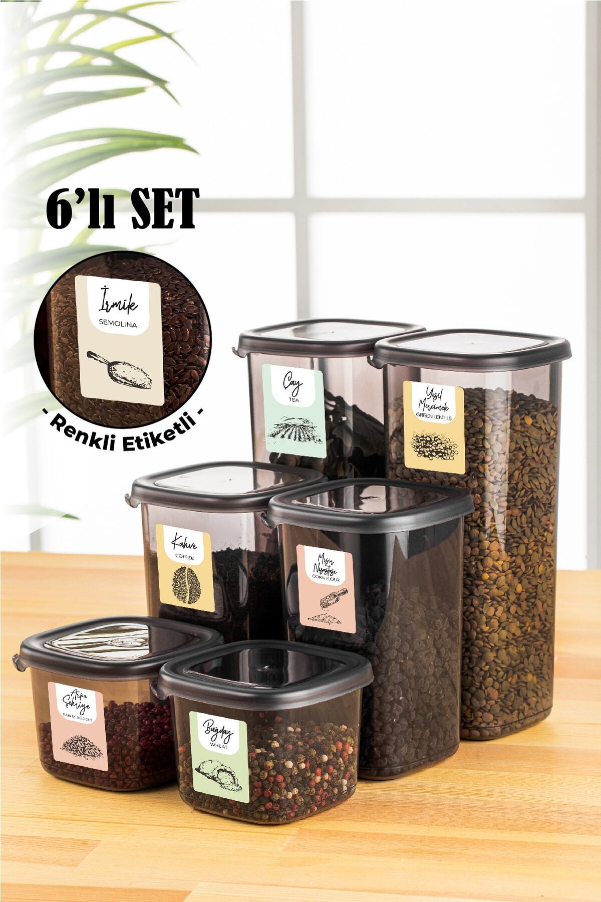 Renkli Etiketli 6lı Peggy Kare Erzak Saklama Kabı 2x(0,55 Litre, 1,2 Litre, 1,75 Litre) Antrasit
