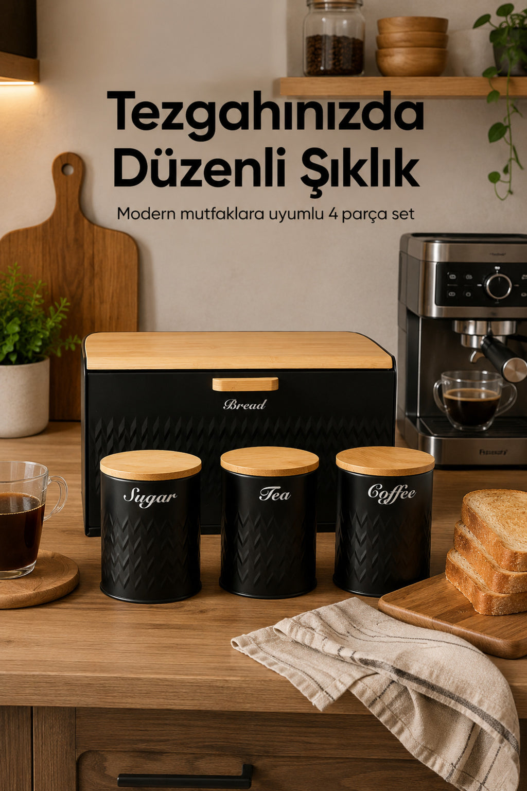 Ahşap Kapaklı Metal Ekmek Kutusu Ve 3'lü Çay Şeker Kahve Saklama Kabı Seti Siyah