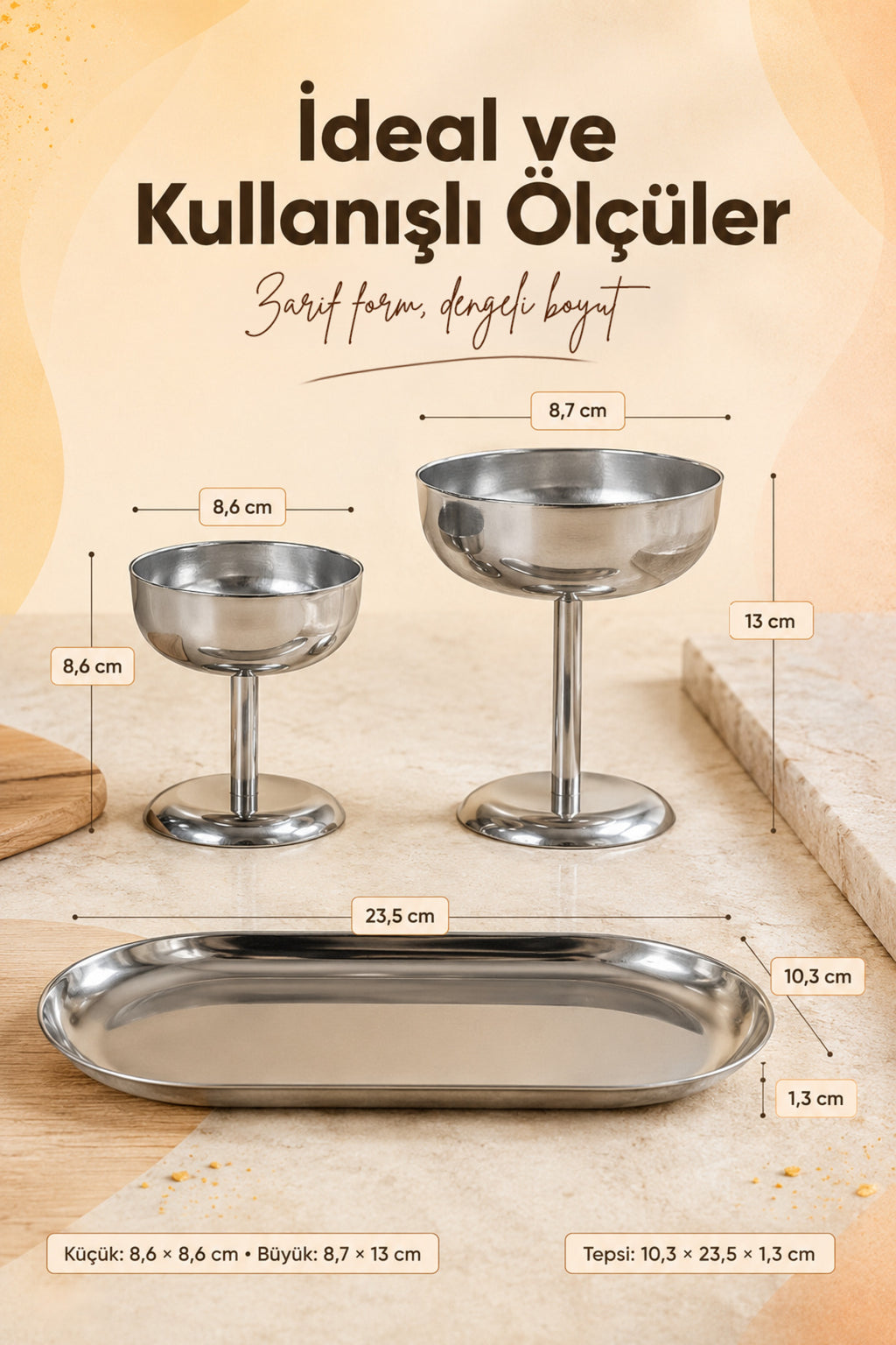3'lü Set Gümüş Renk Metal Dondurmalık Seti (2x Geniş Kısa ve Geniş Uzun Kase 1x Kayık Tabak) - Şık Sunum ve Tatlı Kase