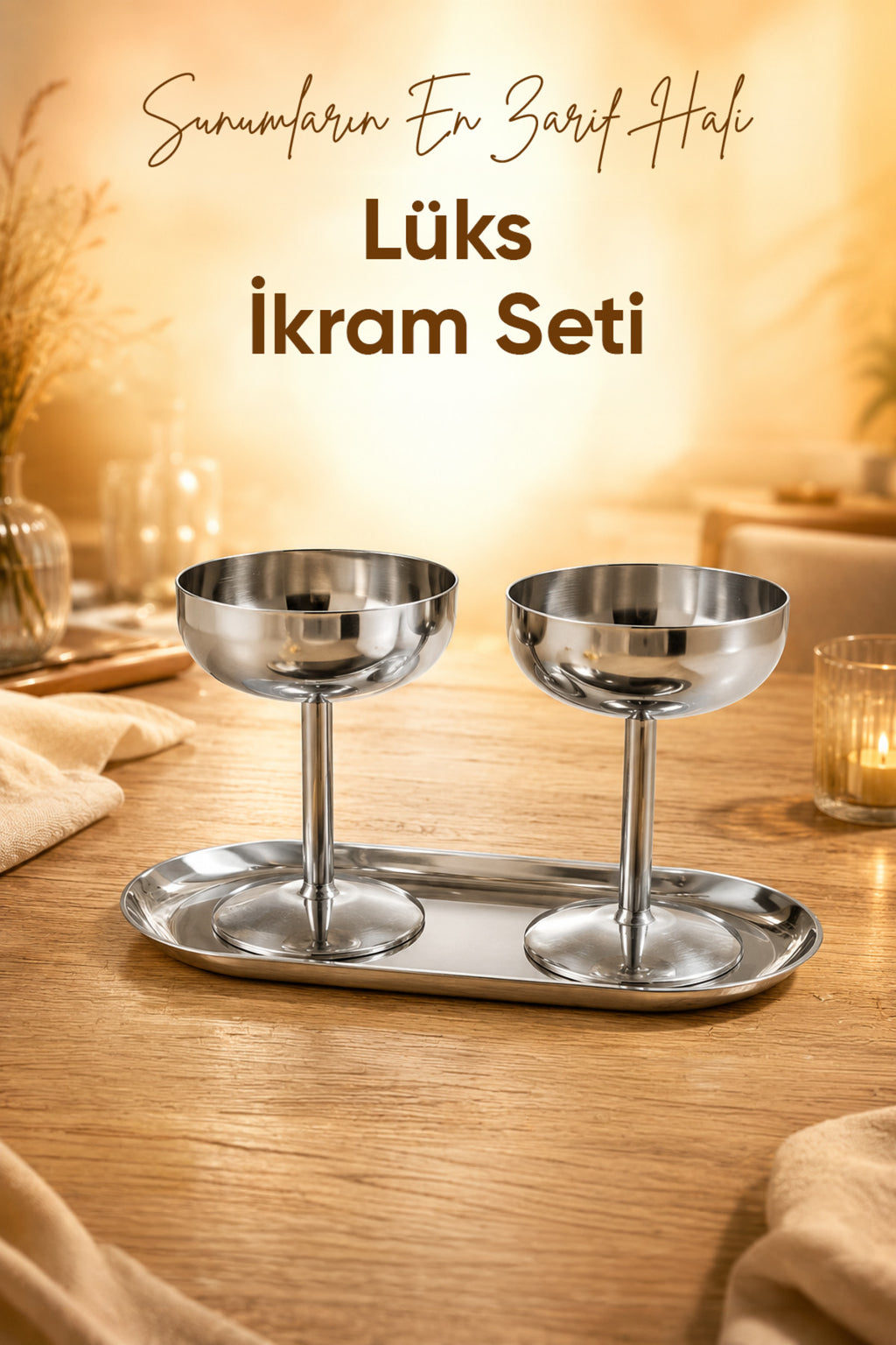 3'lü Set Gümüş Renk Metal Dondurmalık Seti (2x Geniş Uzun Kase 1x Kayık Tabak) - Şık Sunum ve Tatlı Kasesi