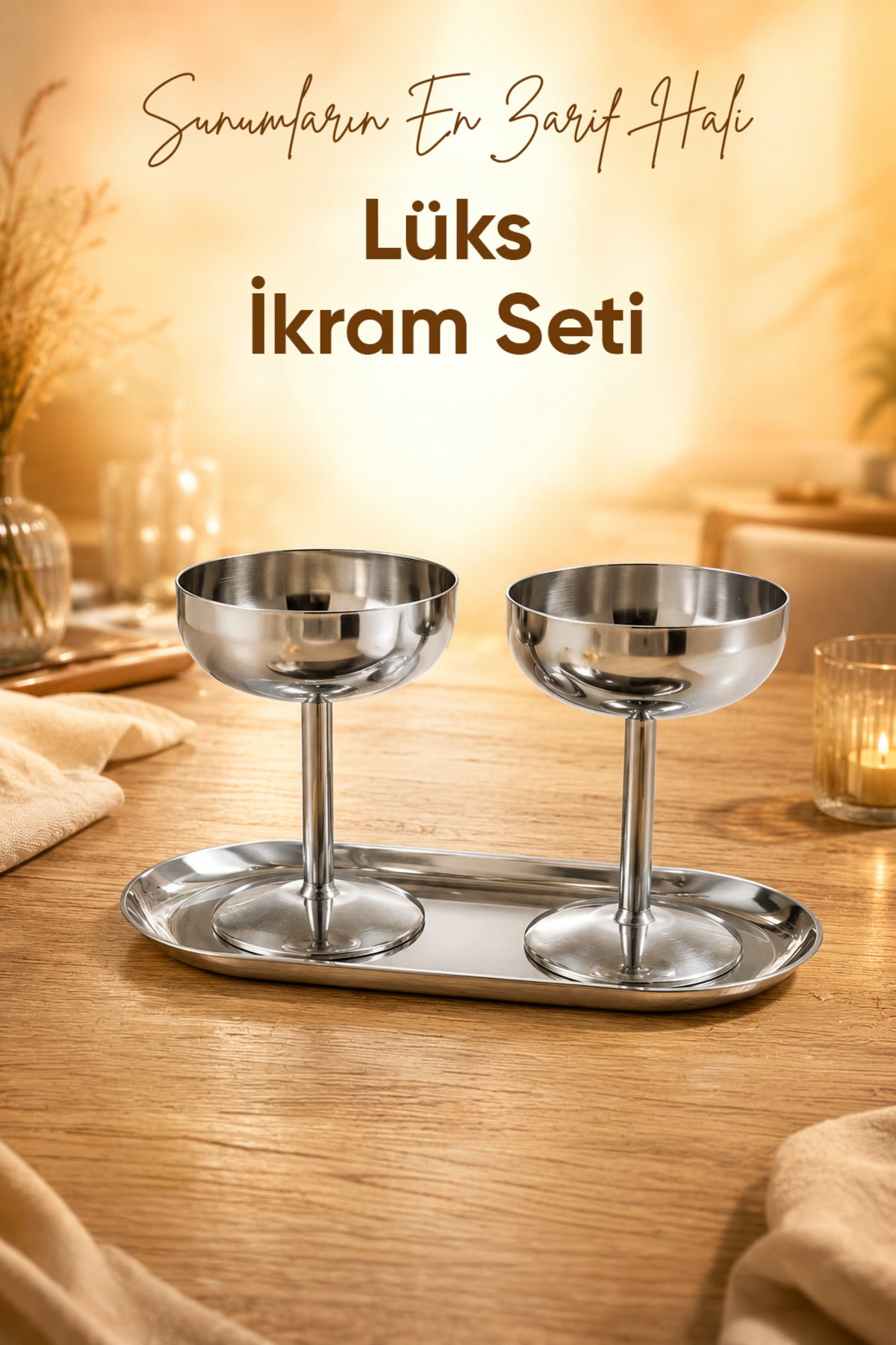3'lü Set Gümüş Renk Metal Dondurmalık Seti (2x Geniş Uzun Kase 1x Kayık Tabak) - Şık Sunum ve Tatlı Kasesi