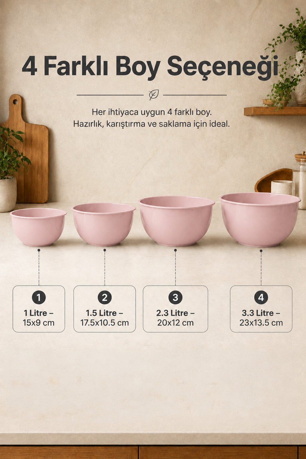 4'lü Karıştırma Ve Hazırlama Kabı Seti - Pudra Pembe - 1L 1.5L 2.3L 3.3L