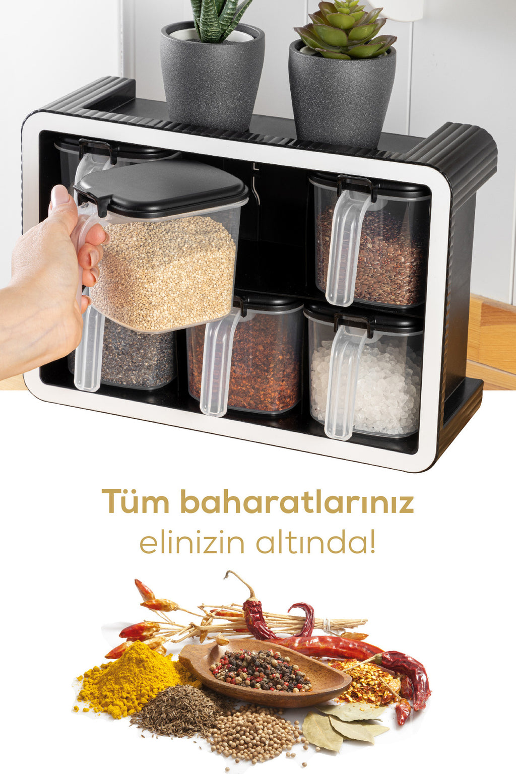 Beyaz Serigrafi Etiketli 6'lı 500 ml Standlı Kendinden Yapışkanlı Kaşıklı Baharatlık Seti Siyah
