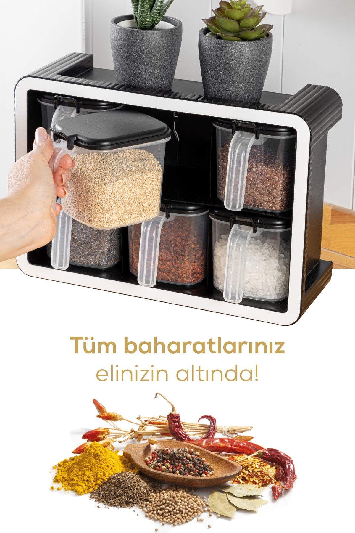 Beyaz Serigrafi Etiketli 6'lı 500 ml Standlı Kendinden Yapışkanlı Kaşıklı Baharatlık Seti Siyah