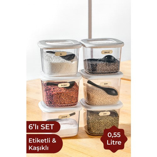 Etiketli Kaşıklı Kare Erzak Saklama Kabı 6'lı Set Küçük Boy 0,55 Litre Beyaz