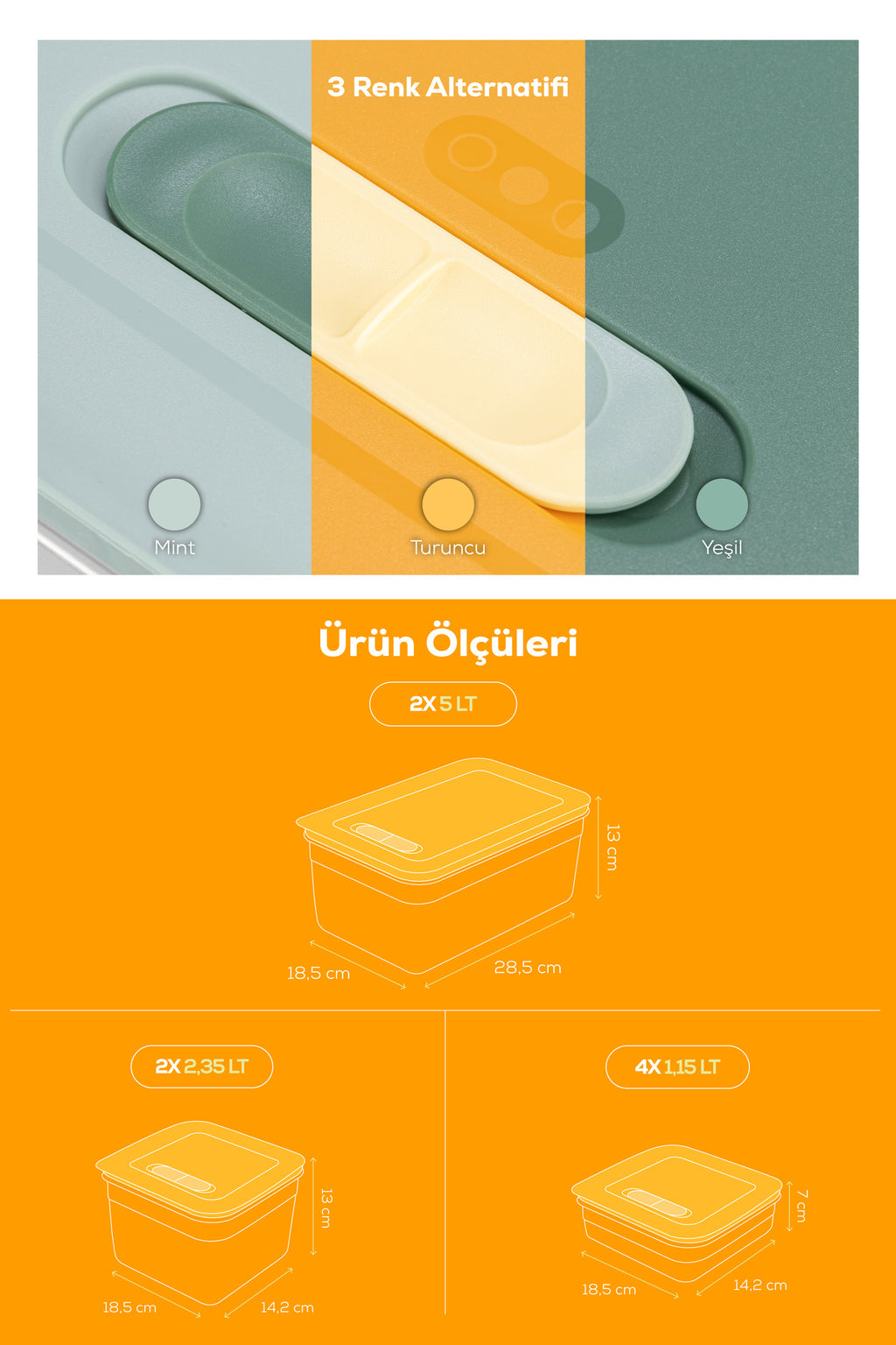 8'li Hava Kanallı Ayarlanabilir Sebze ve Meyve Saklama Kabı 4x(1,15 lt) 2x(2,35-5 lt) Turuncu