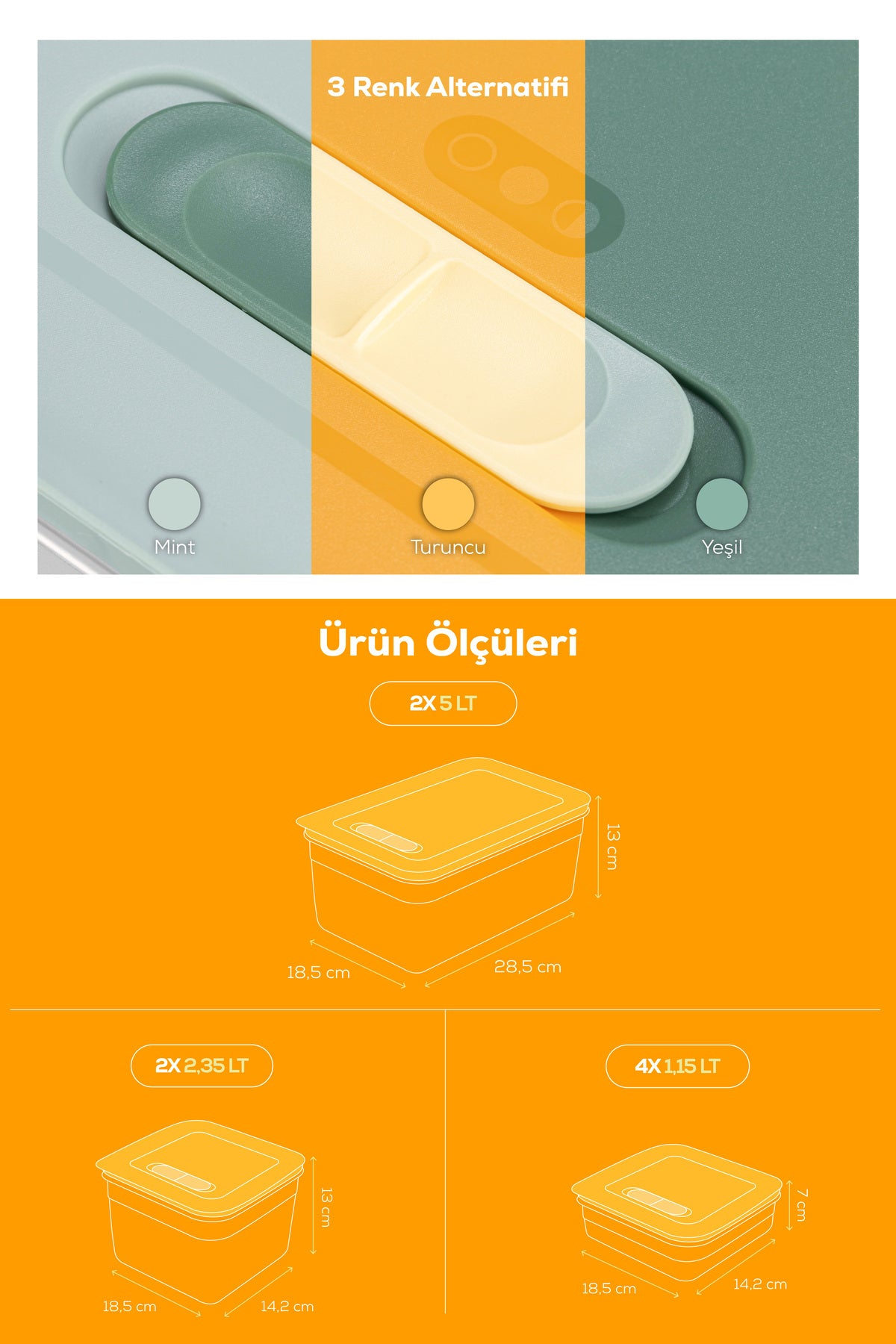 8'li Hava Kanallı Ayarlanabilir Sebze ve Meyve Saklama Kabı 4x(1,15 lt) 2x(2,35-5 lt) Turuncu