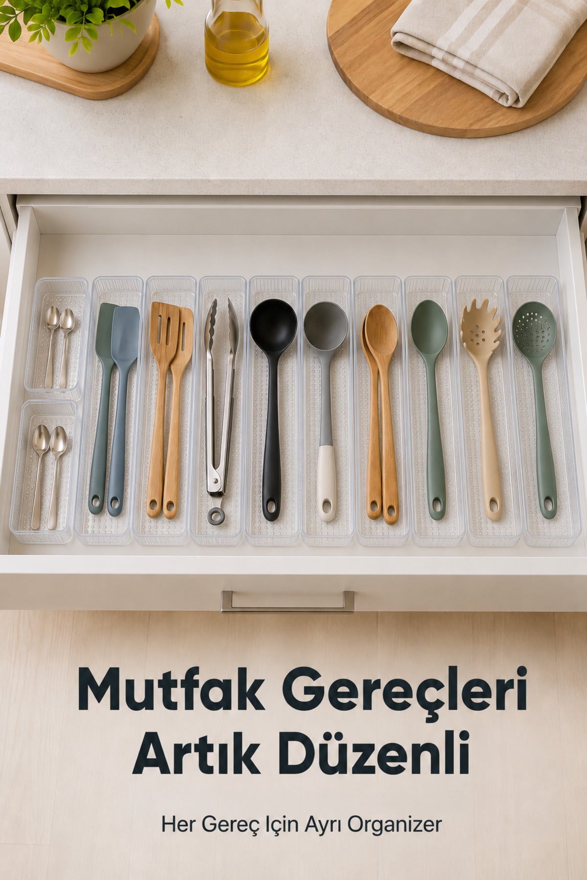 11'li Modüler Şeffaf Kaşıklık Seti Çekmece İçi Mutfak Çatal Kaşık Bıçak Düzenleyici Organizer (9F2C)