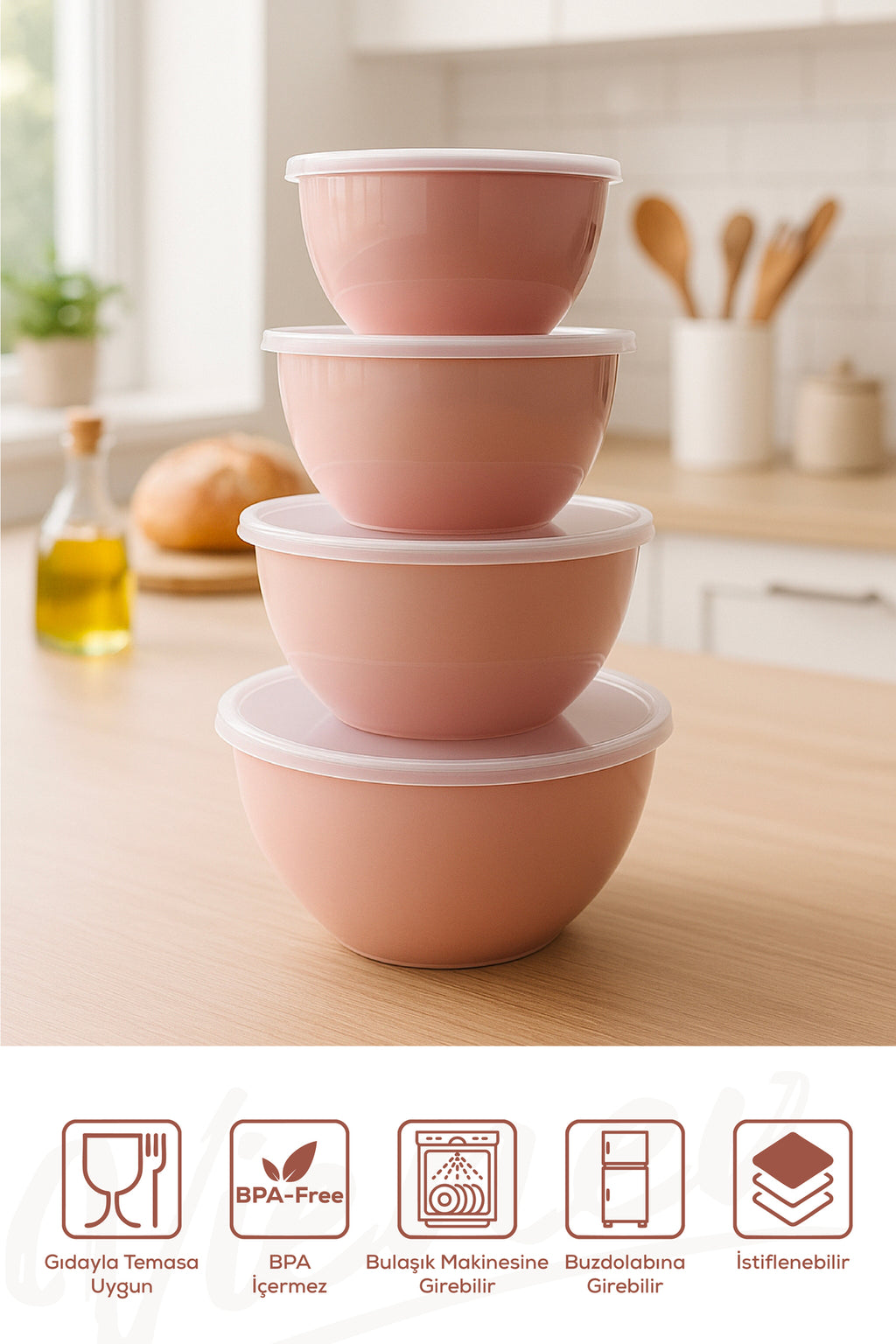 8'li Yuvarlak Kase Seti Pembe | 1l, 1.5l, 2.3l, 3.3l | Kapaklı Çok Amaçlı Mutfak Saklama Kabı