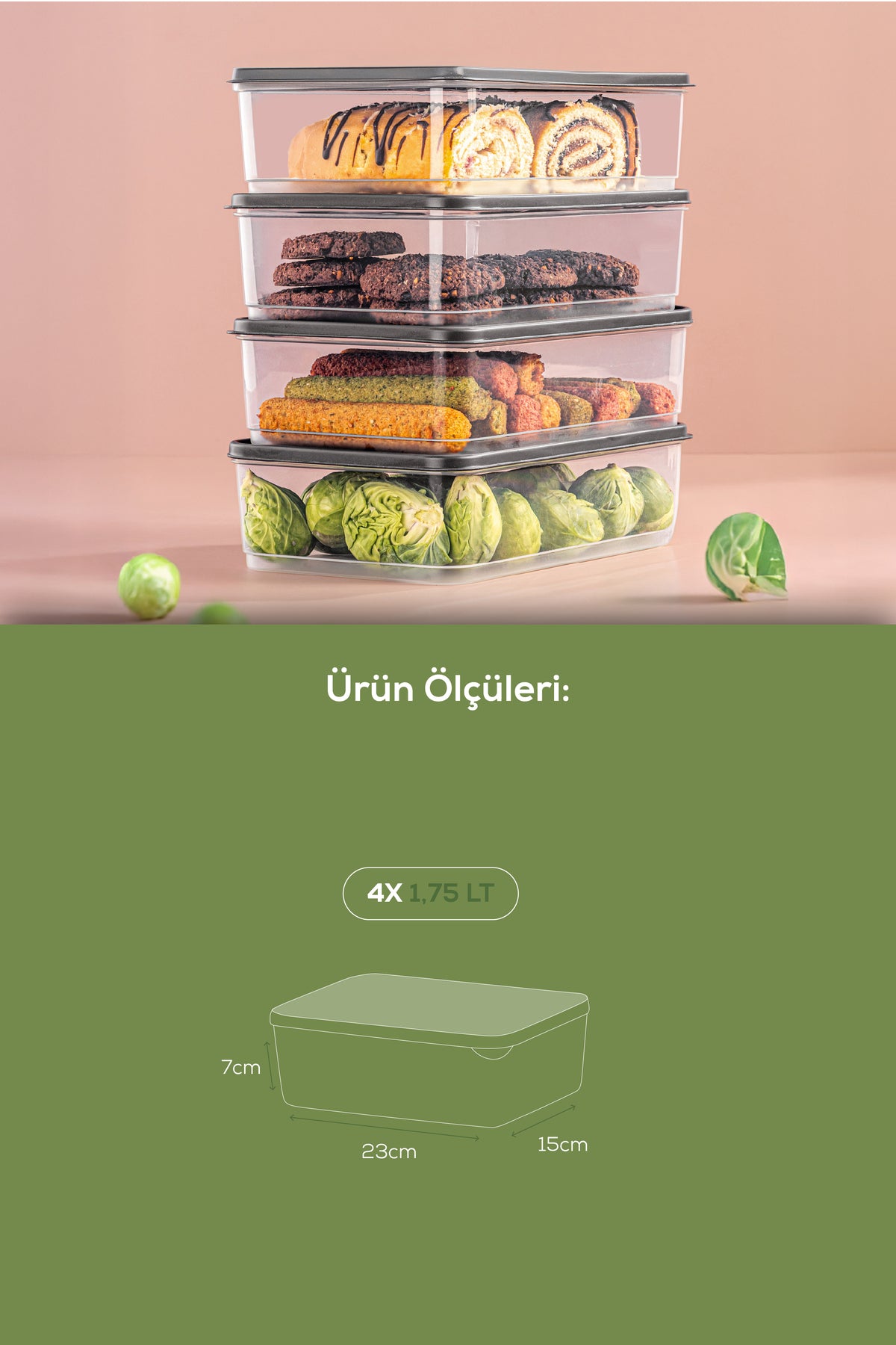 4'lü 1,75 Litre Buzdolabı Düzenleyici Organizer Mikrodalgaya Uygun Difriz Saklama Kabı Gri
