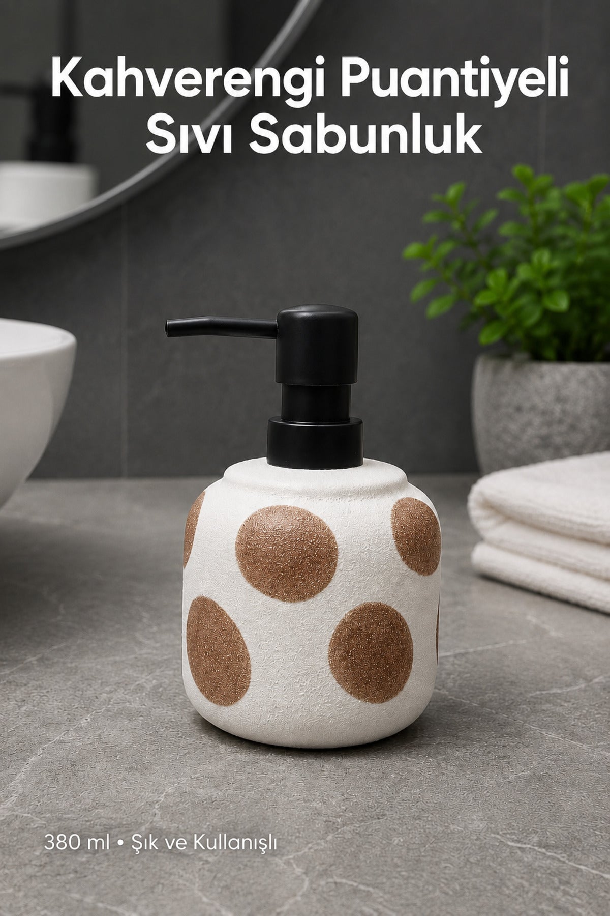 Kahverengi Puantiyeli Seramik Sıvı Sabunluk 380 ml Beyaz Lüks Banyo Mutfak Sıvı Sabunluk