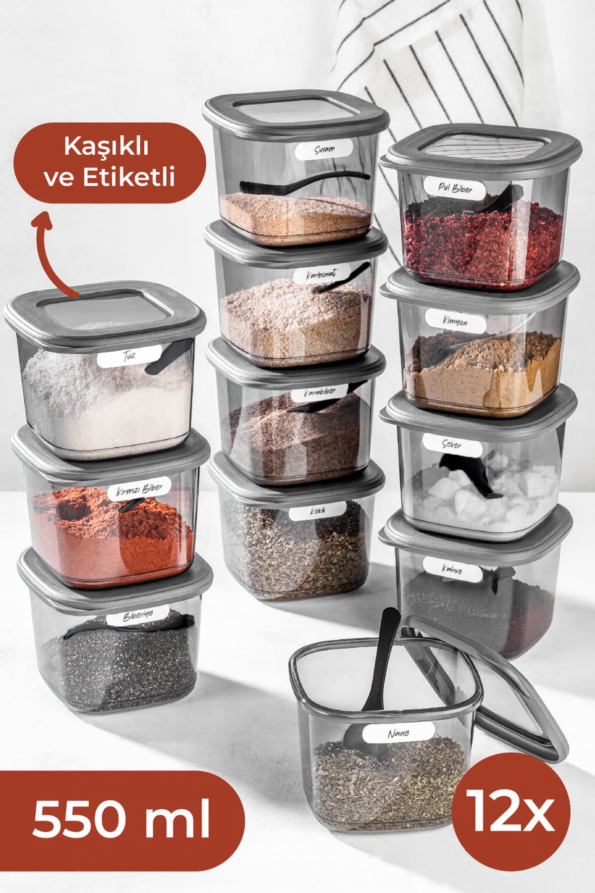 Beyaz Serigrafi Etiketli Kaşıklı Kare Erzak Saklama Kabı 12'li Set Küçük Boy 0,55 Litre