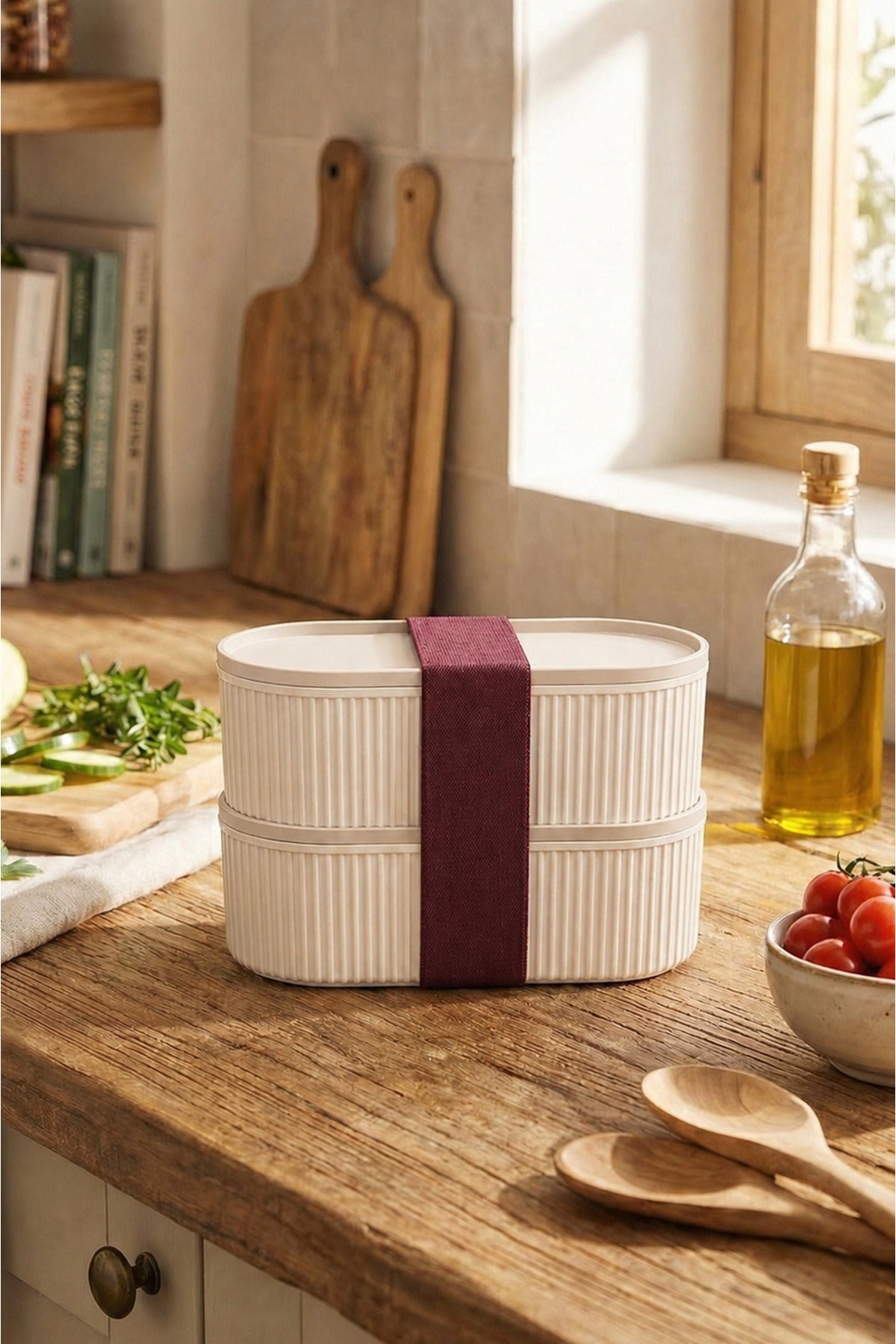 2'li Elastik Bantlı İstiflenebilir Pratik Saklama Kabı Seti 2x(1100 ml) Krem