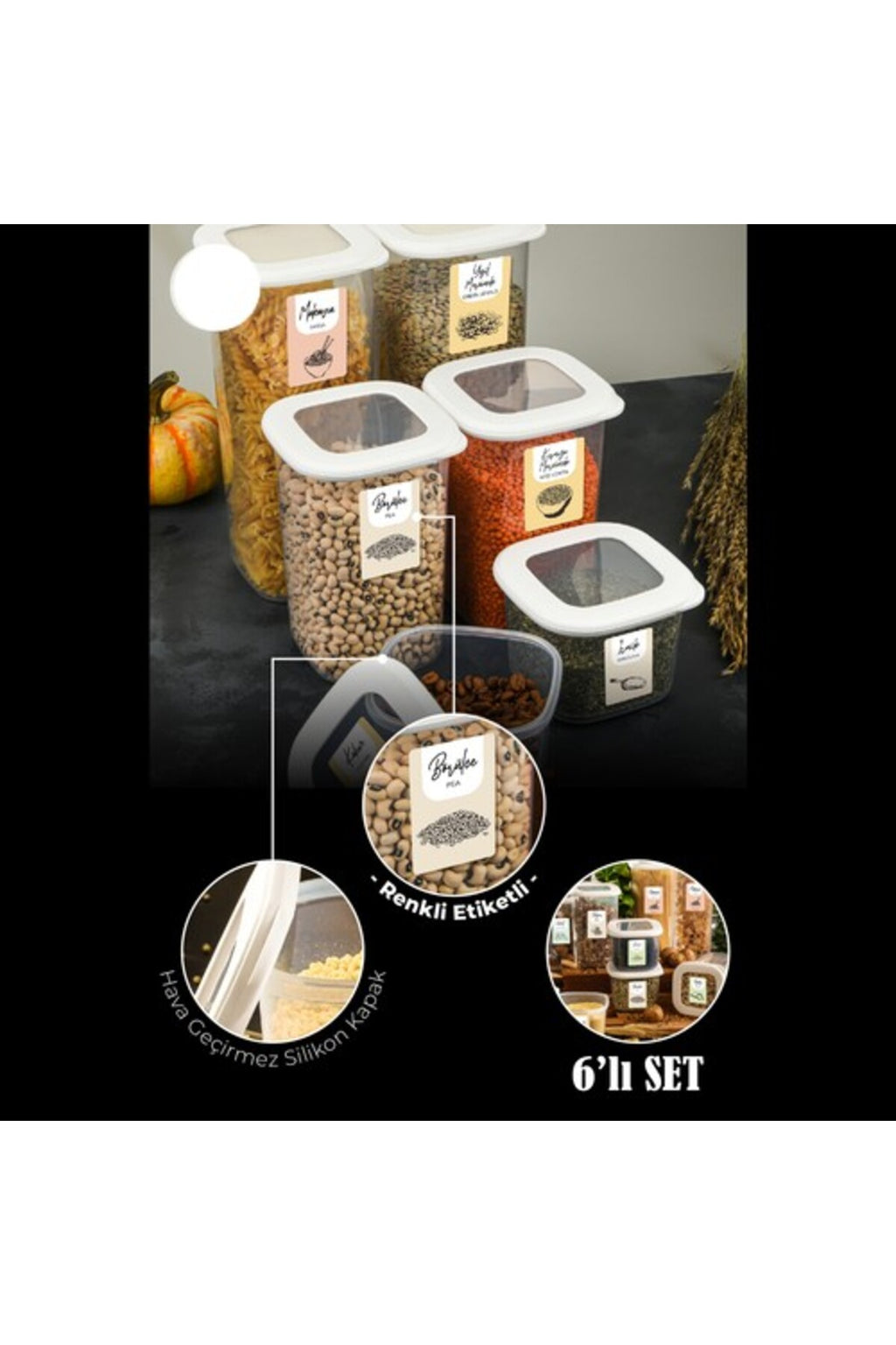 Renkli Etiketli Kare Erzak Saklama Kabı 6lı Set 2x(0,55 litre, 1,2 litre, 1,75 litre) Beyaz