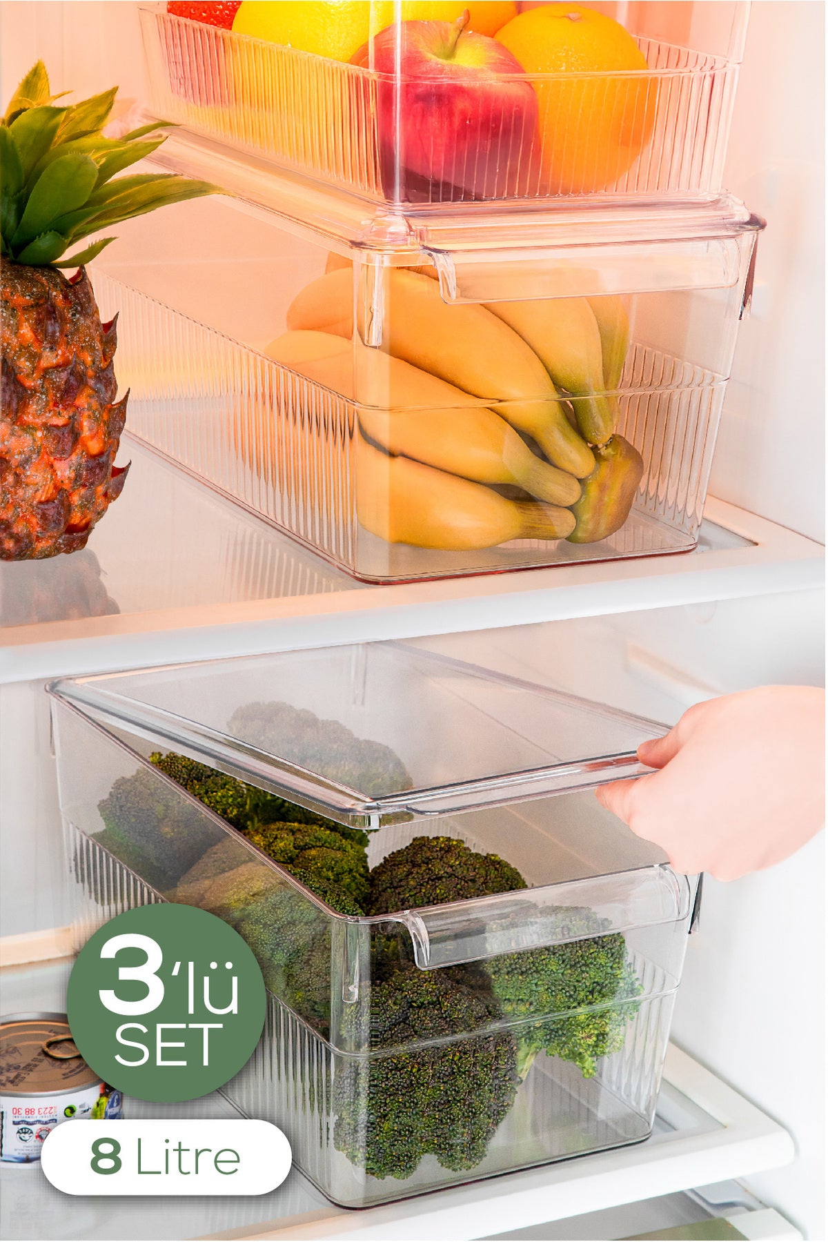 3'lü 8 Litre Kapaklı Maxi Buzdolabı Dolapiçi Düzenleyici Organizer