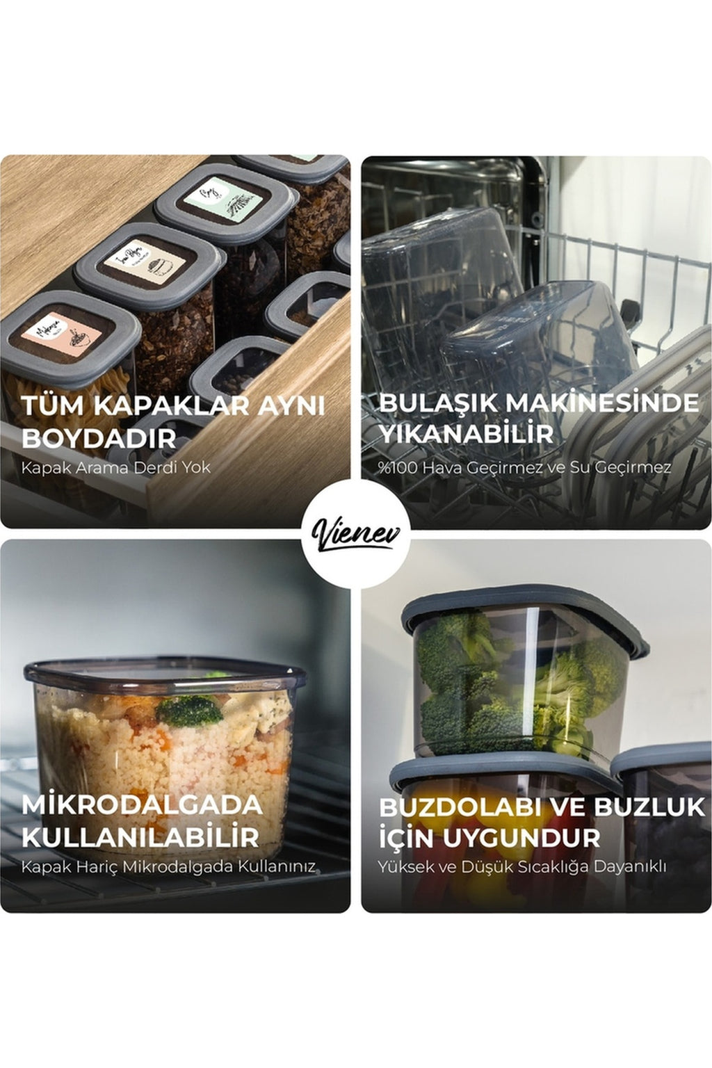 Renkli Etiketli 12li Foly Kare Erzak Saklama Kabı 6x(0,55 Litre, 1,75 Litre) Antrasit