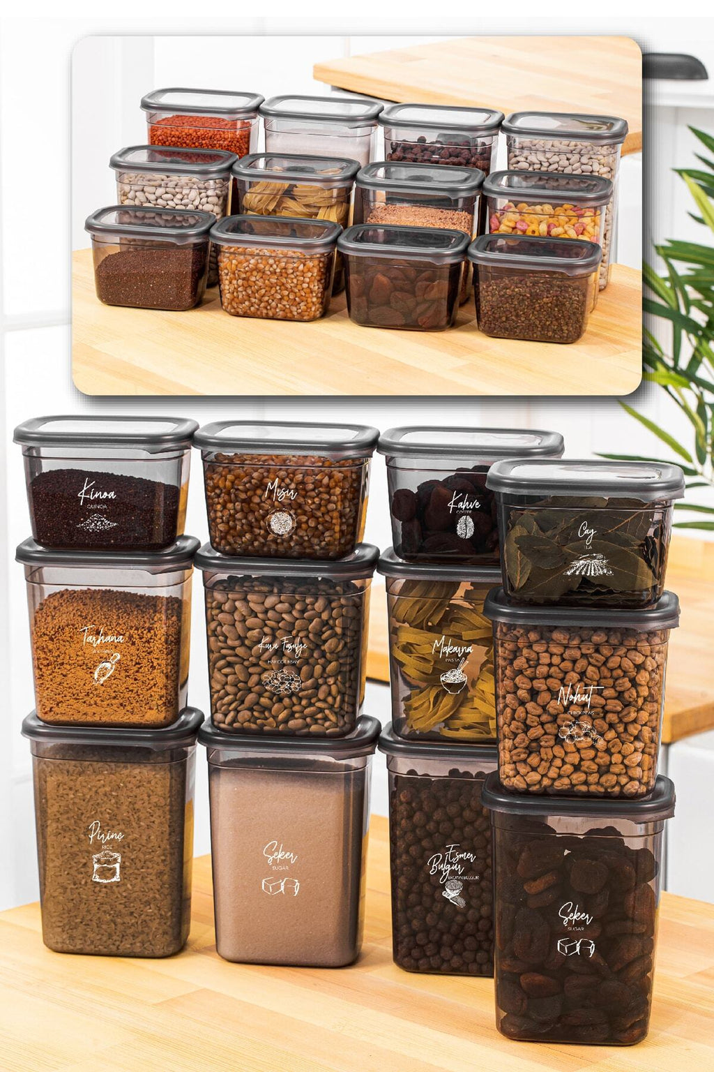 Beyaz Serigrafi Etiketli 12li Peggy Dikdörtgen Saklama Kabı Seti 4x(1500-1150-800 Ml) Antrasit