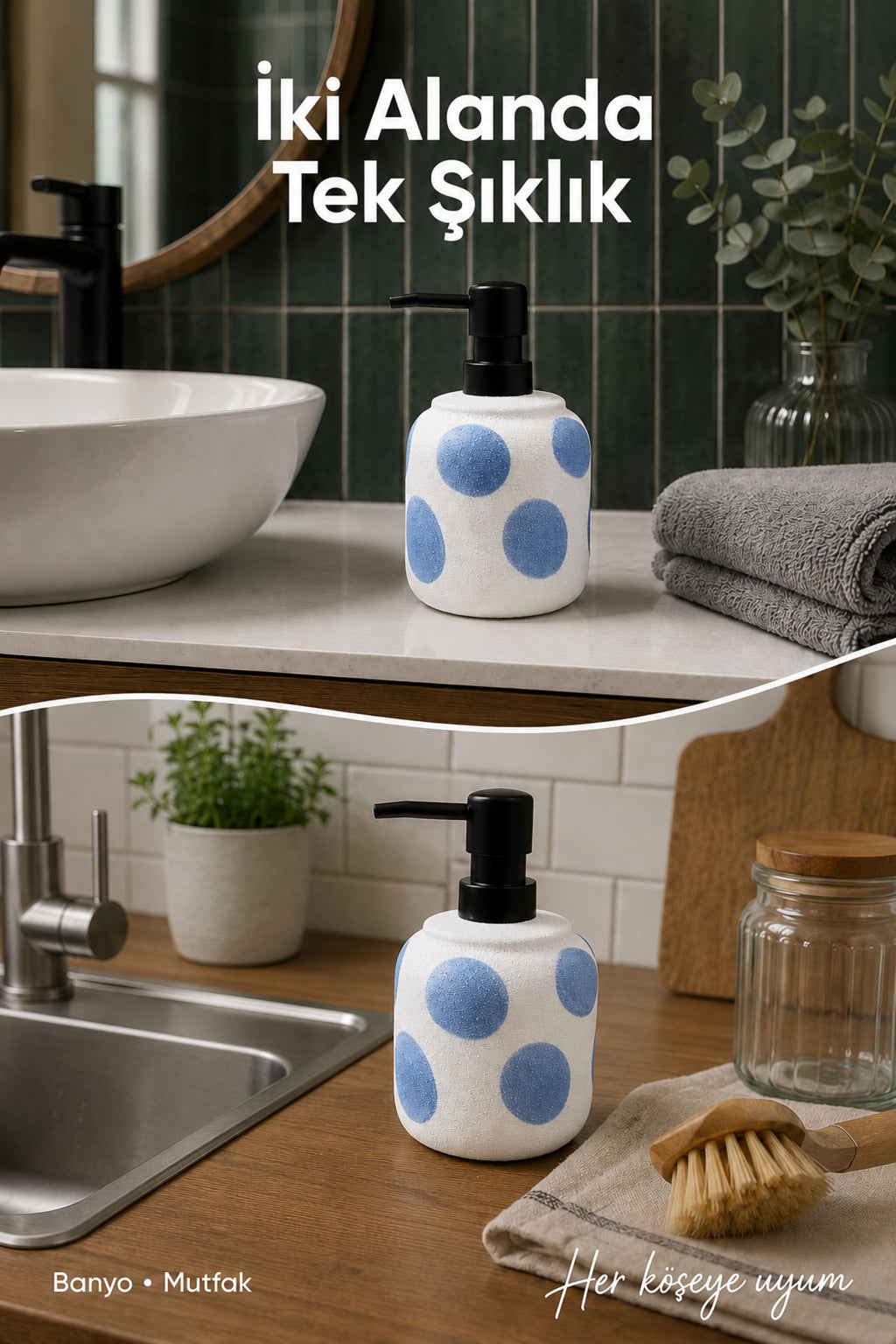 Mavi Puantiyeli Seramik Sıvı Sabunluk 380 ml Beyaz Lüks Banyo Mutfak Sıvı Sabunluk