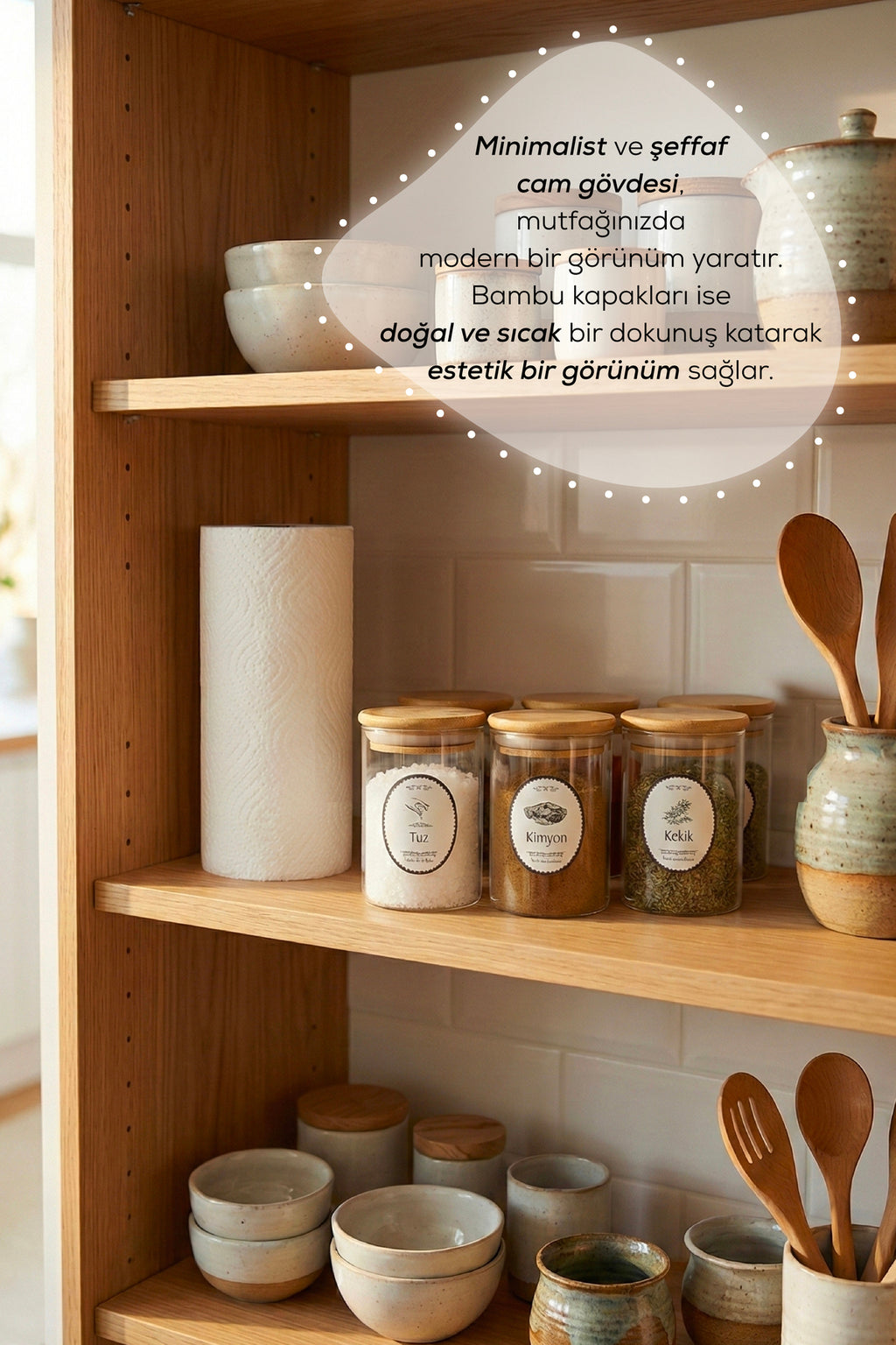 6'lı Set Bambu Kapaklı Cam Kavanoz 280 ml - Etiketli Baharat Düzenleyici Saklama Kabı (6,5x10 cm)