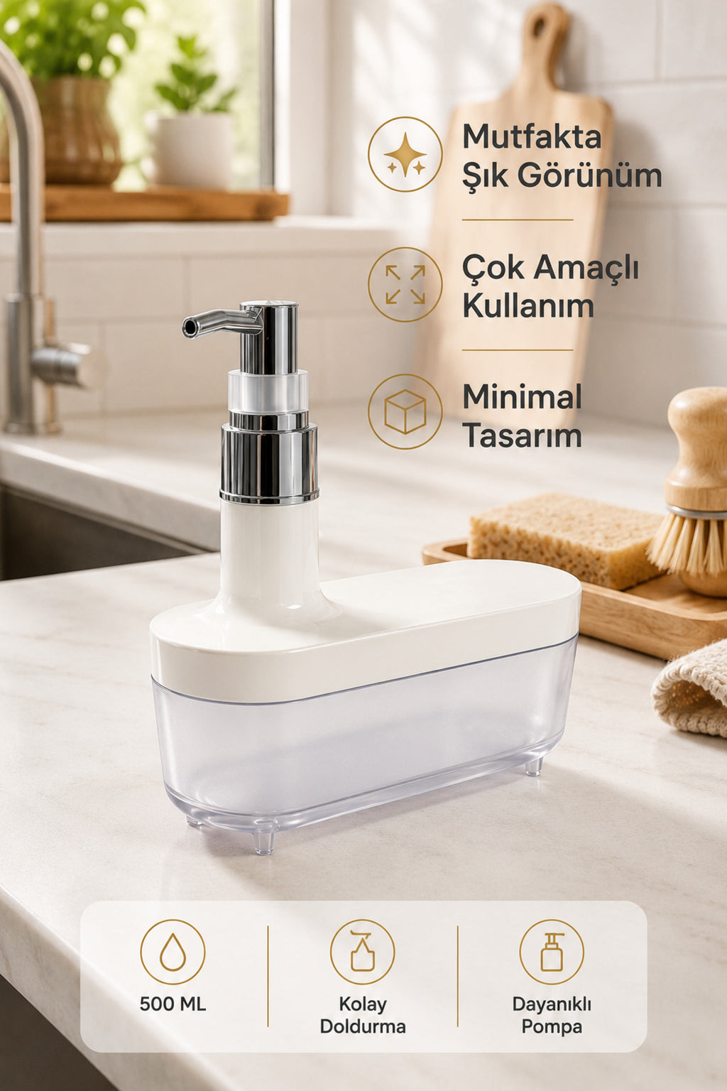 Modern Beyaz Sıvı Sabunluk 500 ml | Şık Banyo ve Mutfak Dispenseri - Yayvan Tasarım