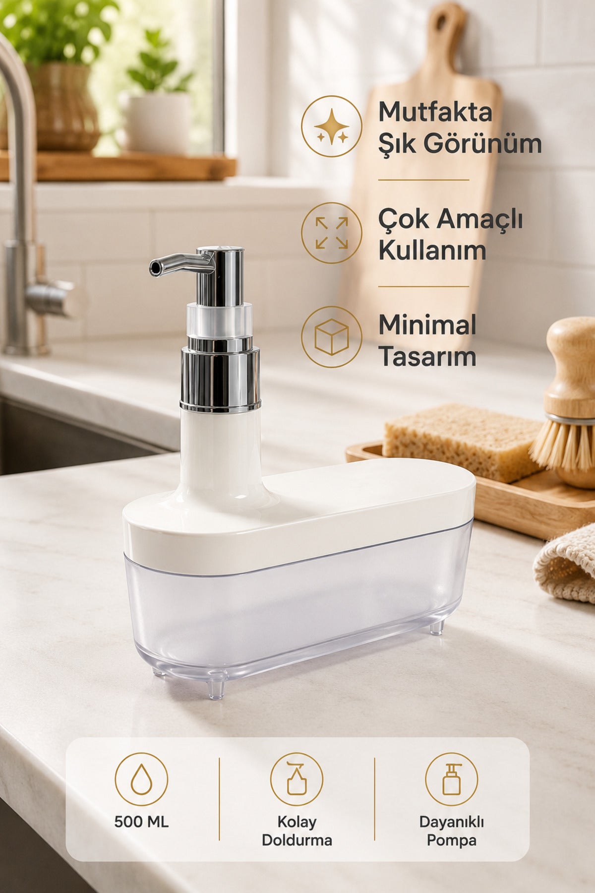 Modern Beyaz Sıvı Sabunluk 500 ml | Şık Banyo ve Mutfak Dispenseri - Yayvan Tasarım