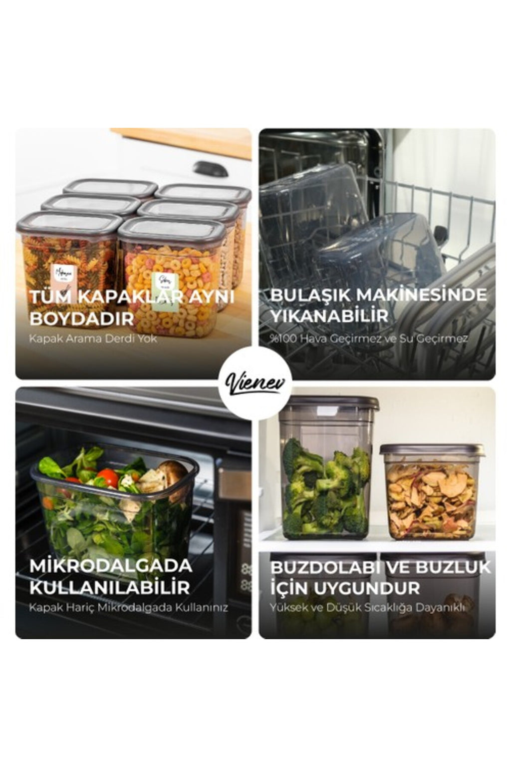 Beyaz Serigrafi Etiketli 8li Set Peggy Dikdörtgen Saklama Kabı 1,3 Litre Antrasit