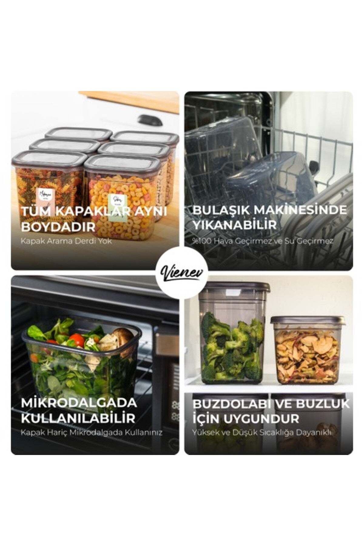 Beyaz Serigrafi Etiketli 8li Set Peggy Dikdörtgen Saklama Kabı 1,3 Litre Antrasit