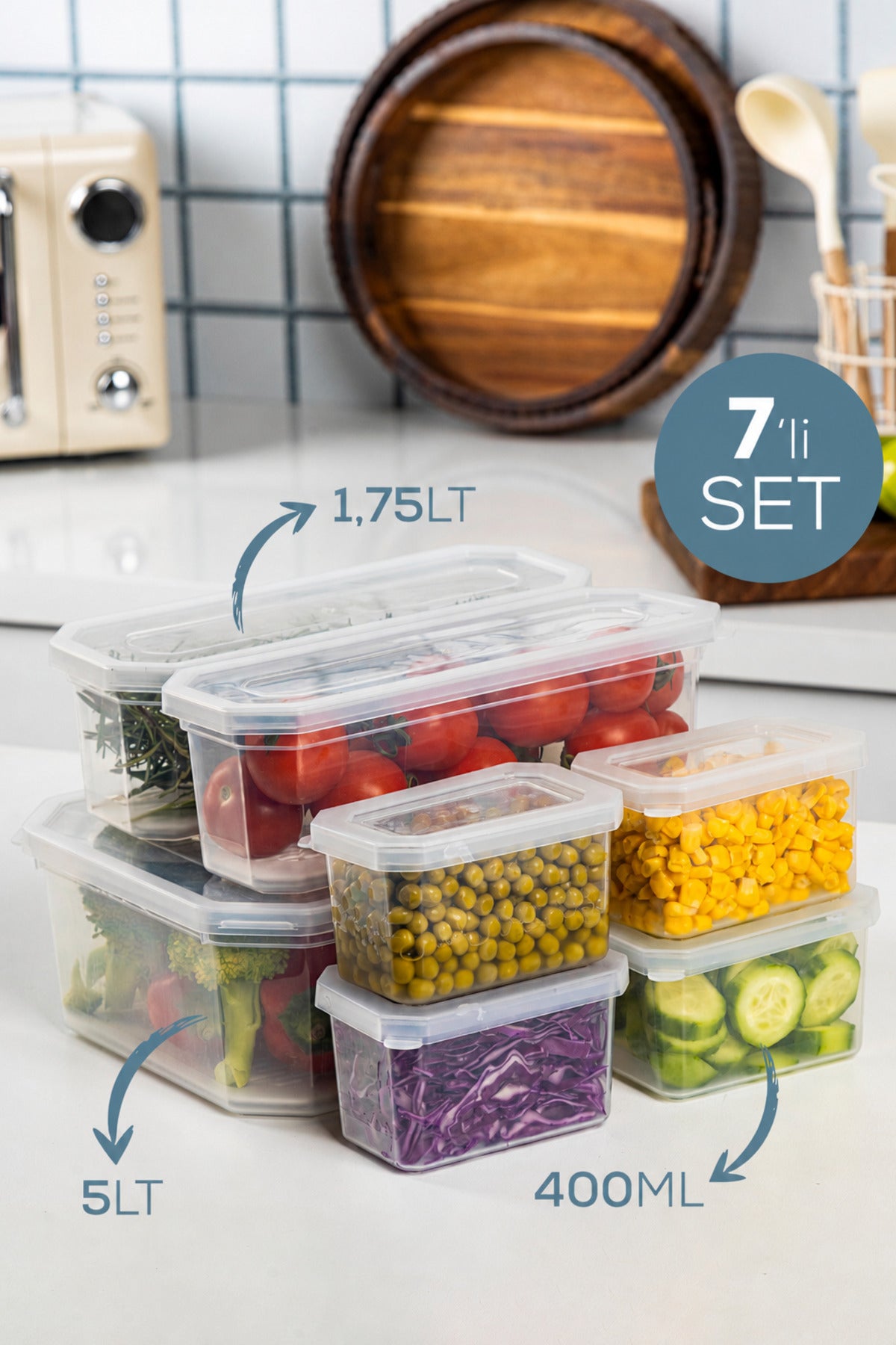 7'li Süzgeçli Saklama Kabı Seti | 1x5lt - 2x1,75lt - 4x360ml