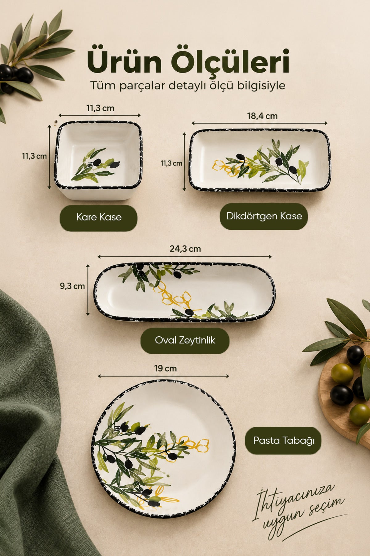 14 Parça 6 Kişilik Zeytin Model Seramik Kahvaltı Takımı 6 Pasta Tabağı 4 Kare Kase 2 Dikdörtgen Kase 2 Oval Zeytinlik