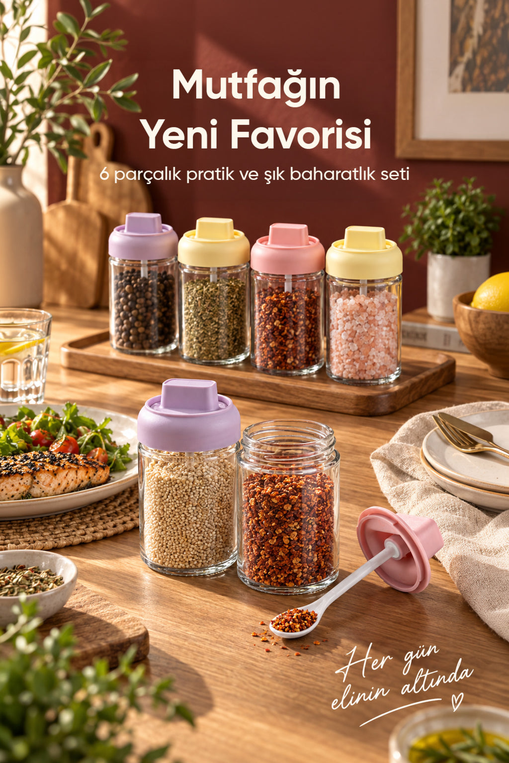 6'lı Kaşıklı Kapaklı Cam Baharatlık Seti 314 ml Çok Renkli