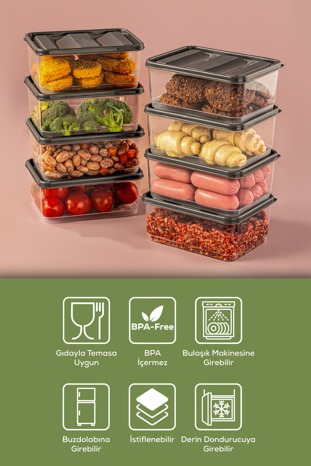 8'li 775 ml Buzdolabı Düzenleyici Organizer Mikrodalgaya Uygun Difriz Saklama Kabı Gri
