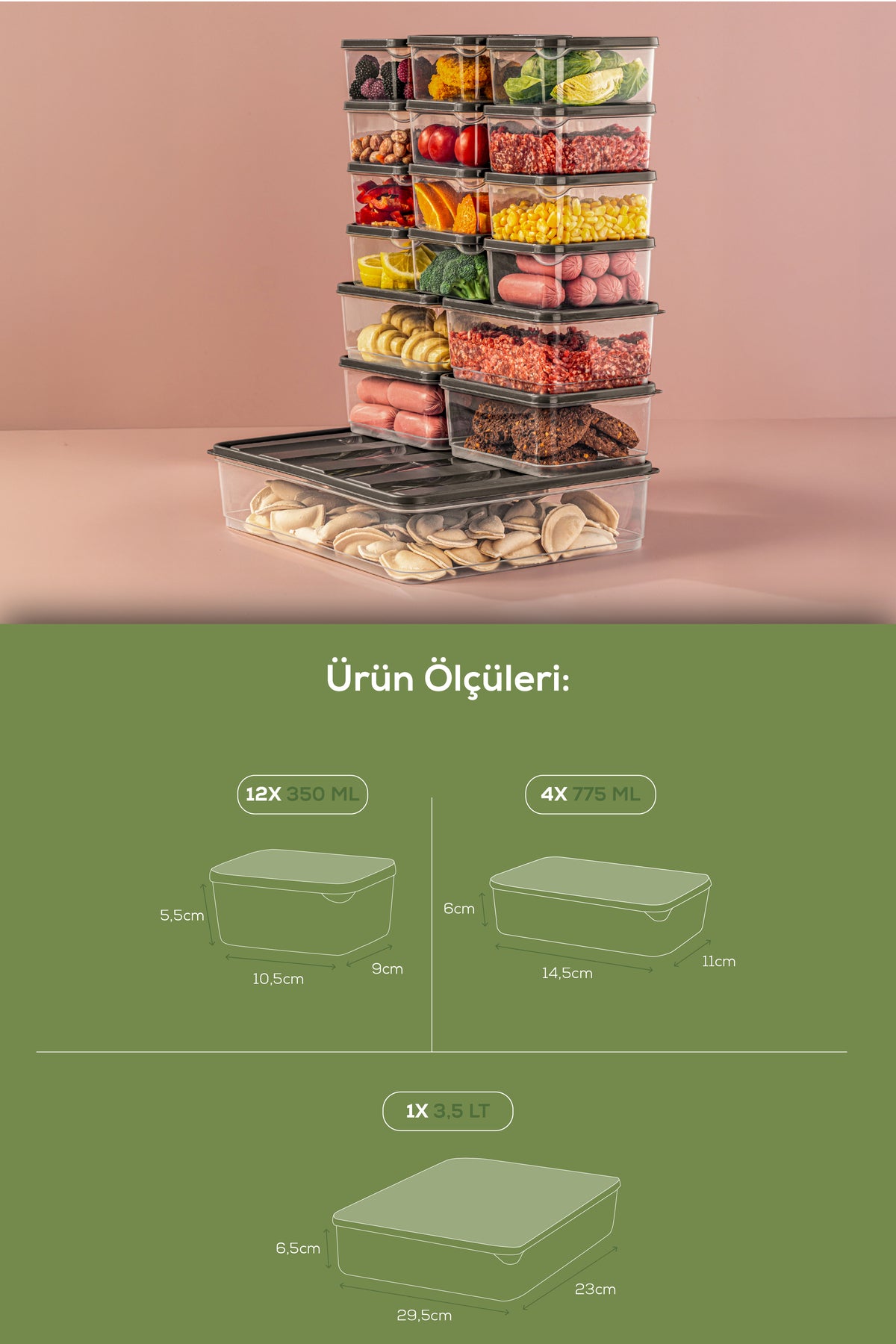 17'li Buzdolabı Düzenleyici Organizer Mikrodalgaya Uygun Difriz Saklama Kabı Gri