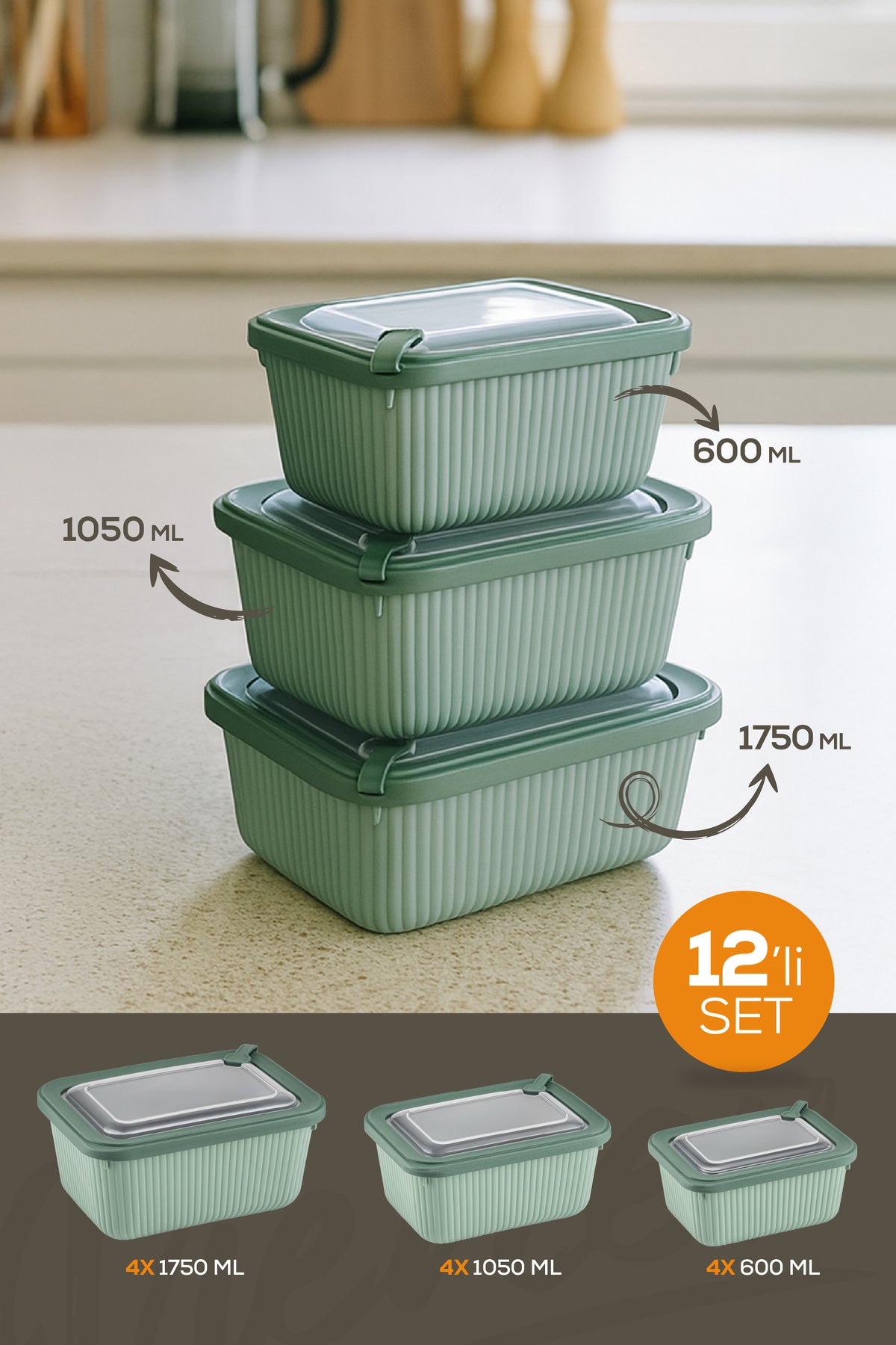 12'li Vip Dikdörtgen Mikrodalga Ve Difrize Uygun Saklama Kabı Seti Yeşil 4x(1750,1050,600 ml)