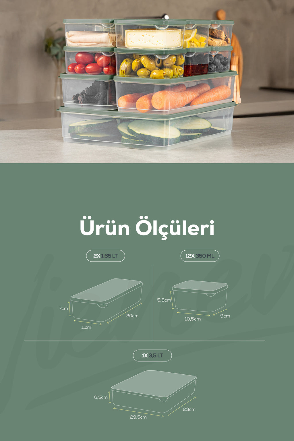 15'li Buzdolabı Dondurucu Organizer Ve Saklama Kabı Yeşil 12x(350ML) 2x(1,65LT) 1x(3,5LT)