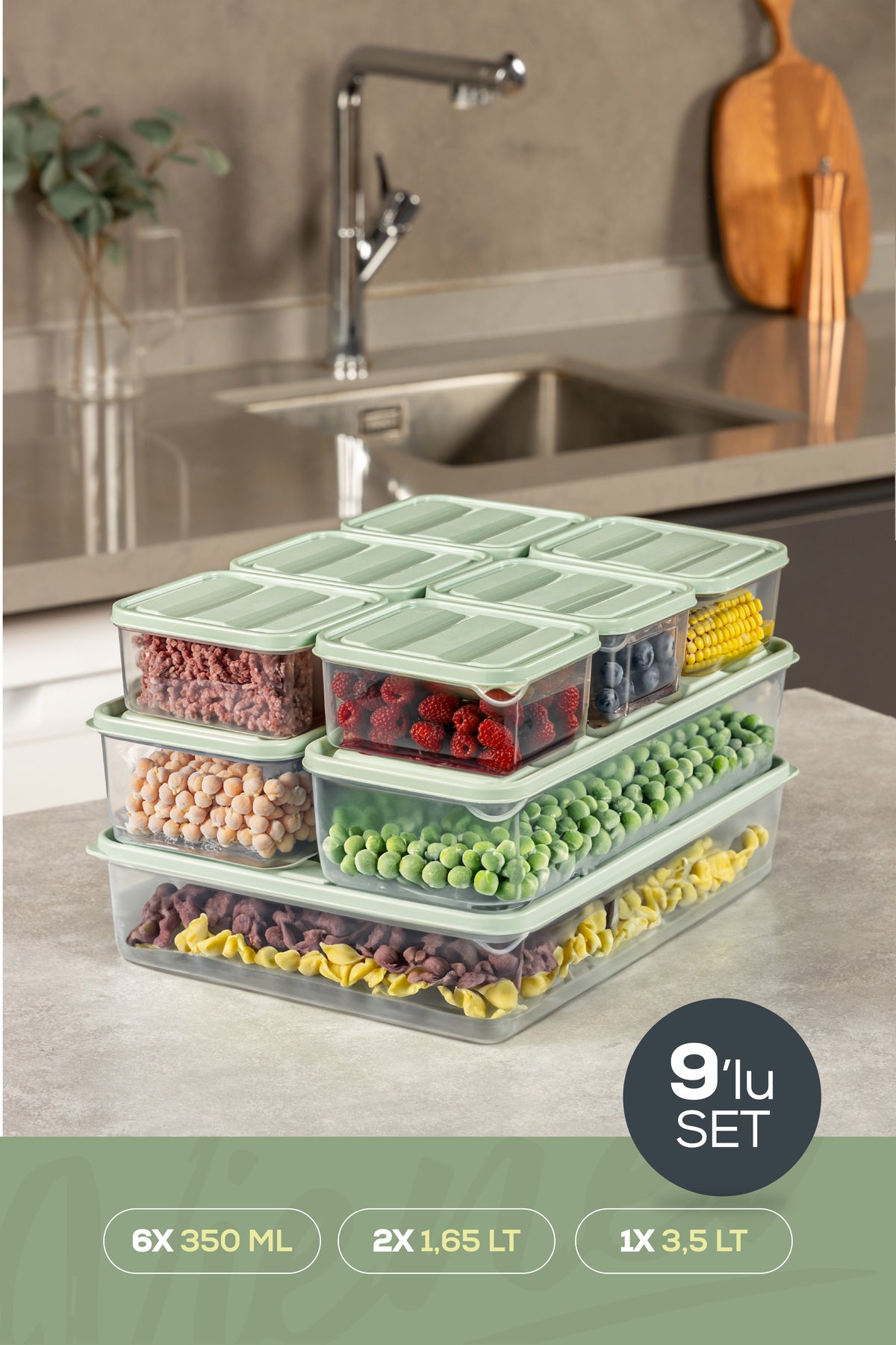 9'lu Buzdolabı Dondurucu Organizer Ve Saklama Kabı Mint 6x(350ML) 2x(1,65LT) 1x(3,5LT)