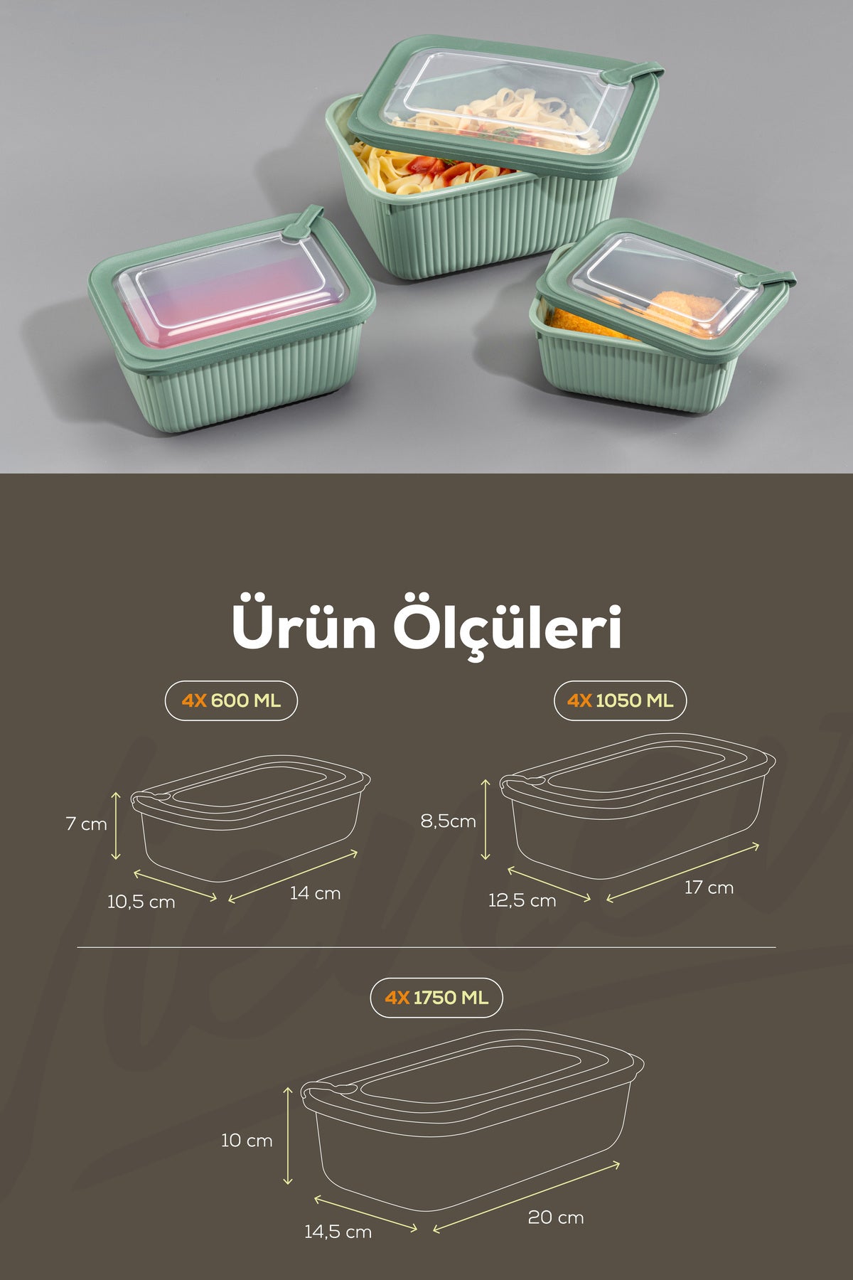 12'li Vip Dikdörtgen Mikrodalga Ve Difrize Uygun Saklama Kabı Seti Yeşil 4x(1750,1050,600 ml)