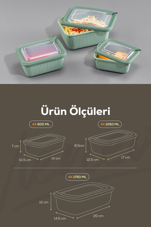 12'li Vip Dikdörtgen Mikrodalga Ve Difrize Uygun Saklama Kabı Seti Yeşil 4x(1750,1050,600 ml)