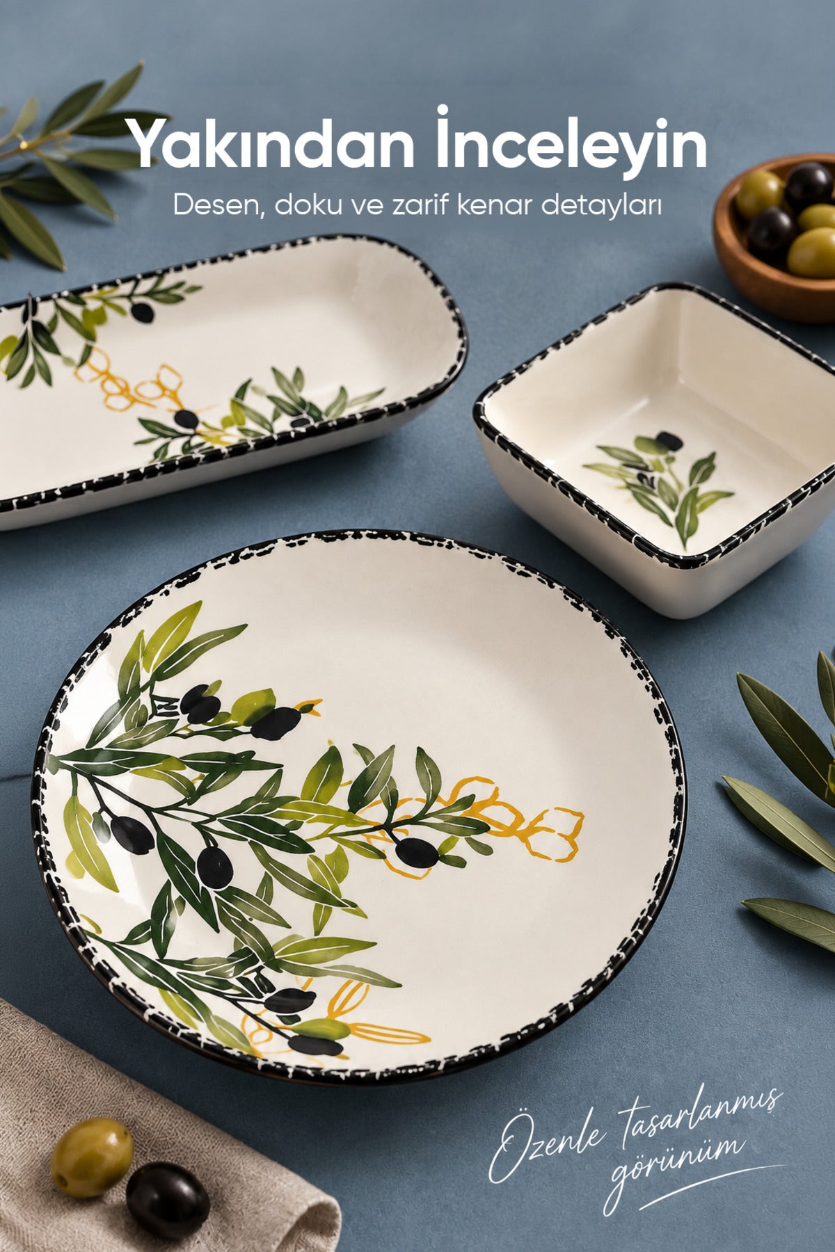 14 Parça 6 Kişilik Zeytin Model Seramik Kahvaltı Takımı 6 Pasta Tabağı 4 Kare Kase 2 Dikdörtgen Kase 2 Oval Zeytinlik