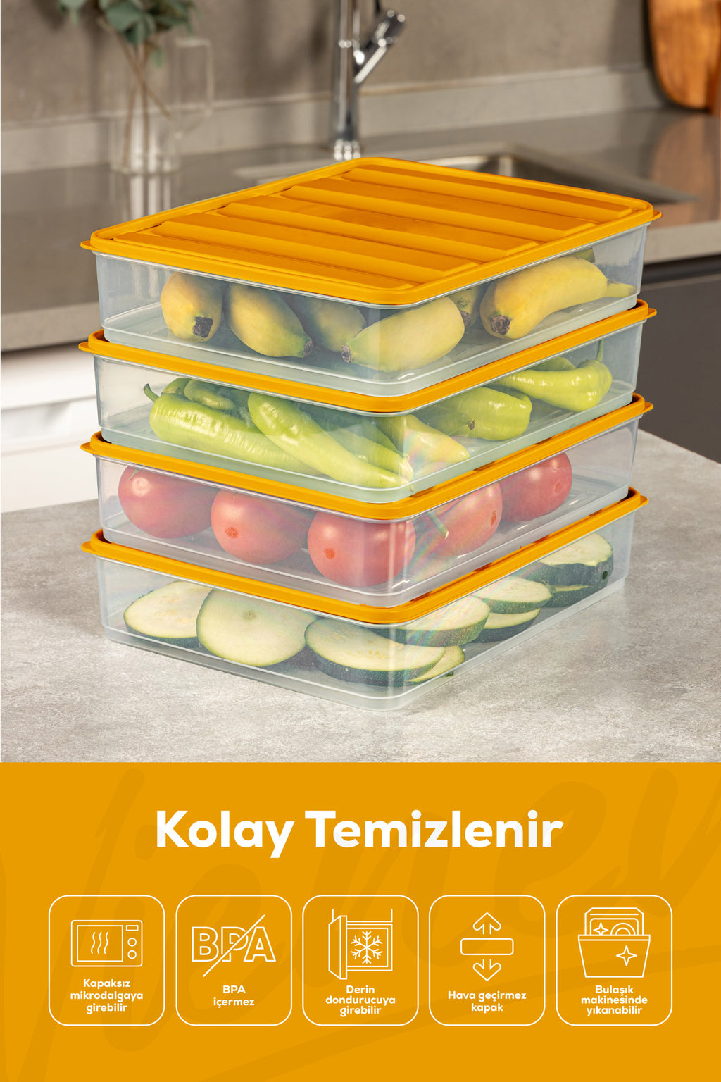 4'lü 3,5 Litre Buzdolabı Dondurucu Organizer Mikrodalga Ve Difrize Uygun Saklama Kabı Turuncu