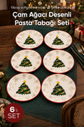 6'lı Süslü Yılbaşı Çam Ağacı Desenli Pasta Tabağı 19 cm Tatlı Sunum Servis Tabağı Kırmızı Beyaz 6 Kişilik
