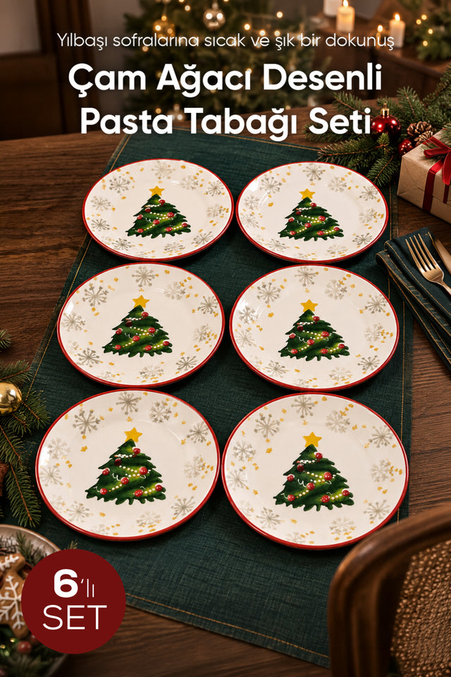 6'lı Süslü Çam Ağacı Desenli Pasta Tabağı 19 cm