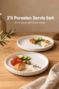 2 Parça 20 cm Porselen Servis Tabağı Seti - Modern Çizgili Yuvarlak Sunum Tabağı