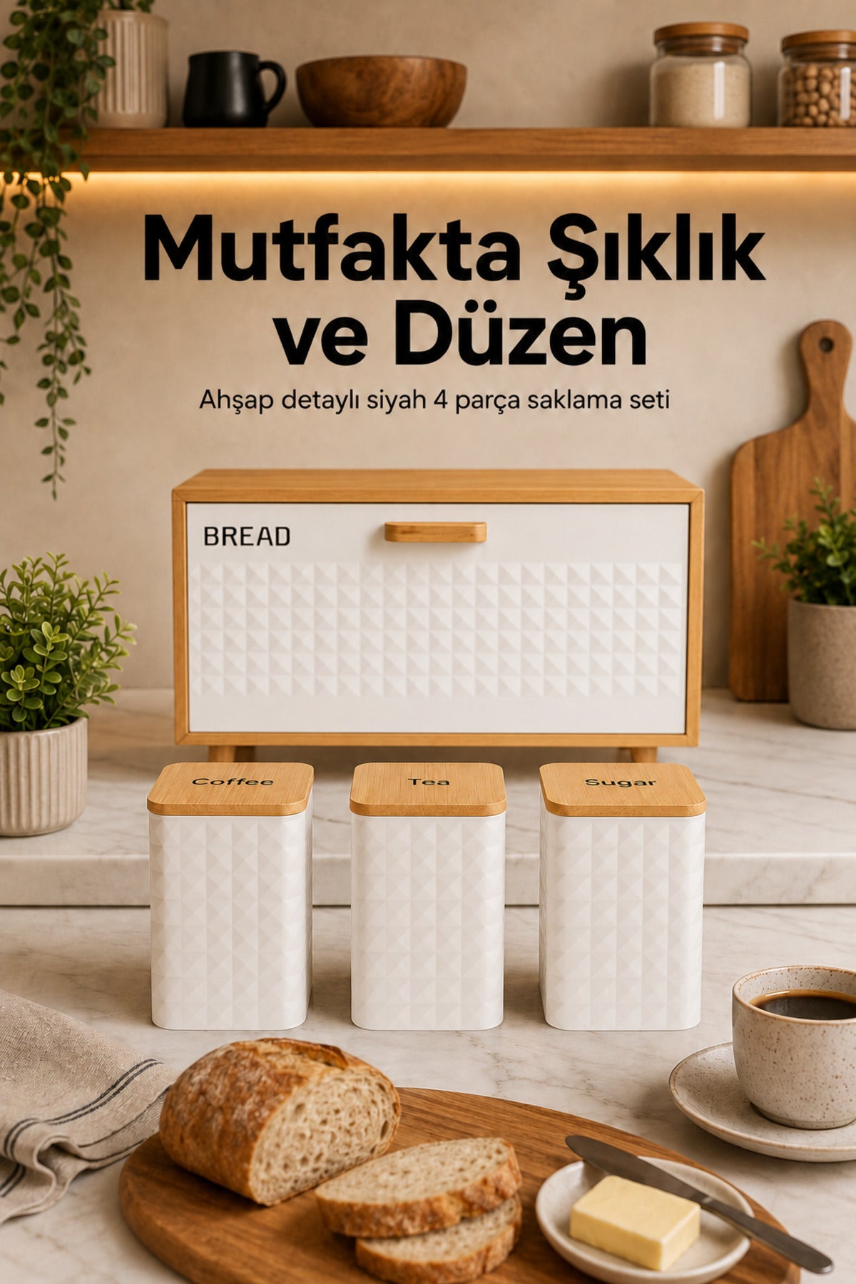 Ayaklı Ahşap Ekmek Dolabı Ve 3lü Beyaz Metal Kare Çay Kahve Şeker Saklama Kabı