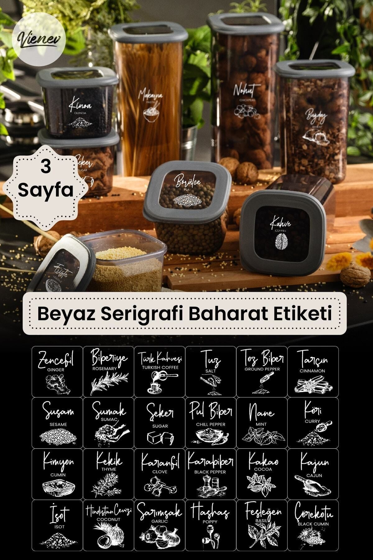 3 Adet Beyaz Serigrafi Baharat Etiketi